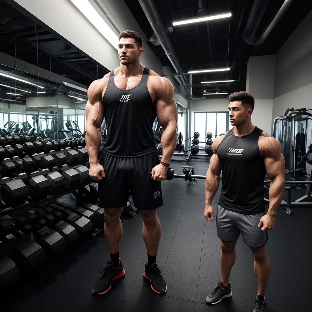 Two muscular men of vast difference of height are posing in a gym. The tallest one is curling a huge dumbbell.