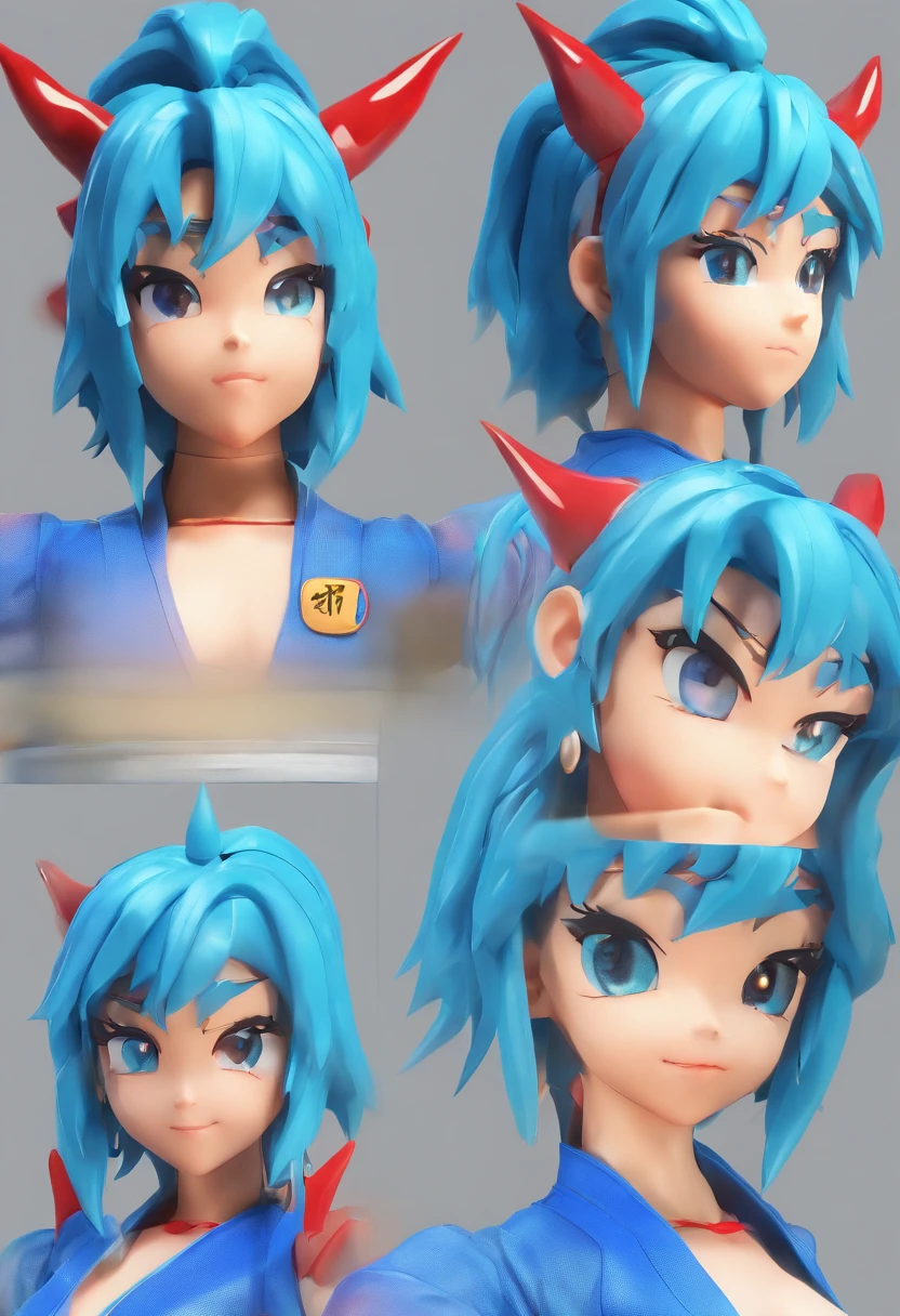 Anime dragon ball female blue hair, demon horns, demon tail, brand new character girl, character sheet, front, back and side views, 4k, best quality