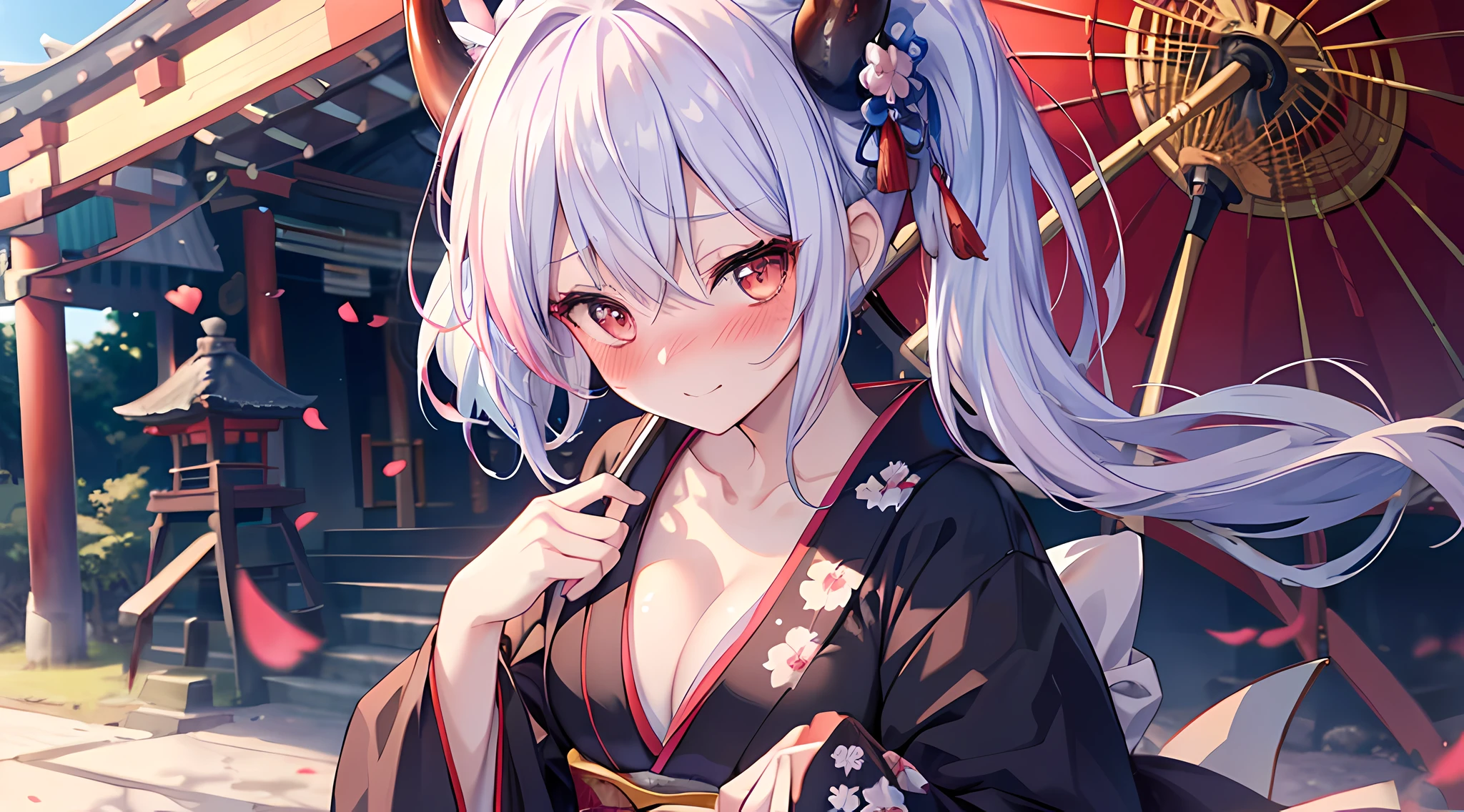 (1 demon girl), front lighting, demon horns, beautiful short kimono, cleavage, normal breast, detailed face, holding a katana, walking in japanese Shrine, white and blue hair (two tone hair color), black hairpins, geisha hairstyle, brown eyes, (blushing: 1.5), toothy smile, heart eyes, front lighting, 8k, masterpiece, ultra HD,