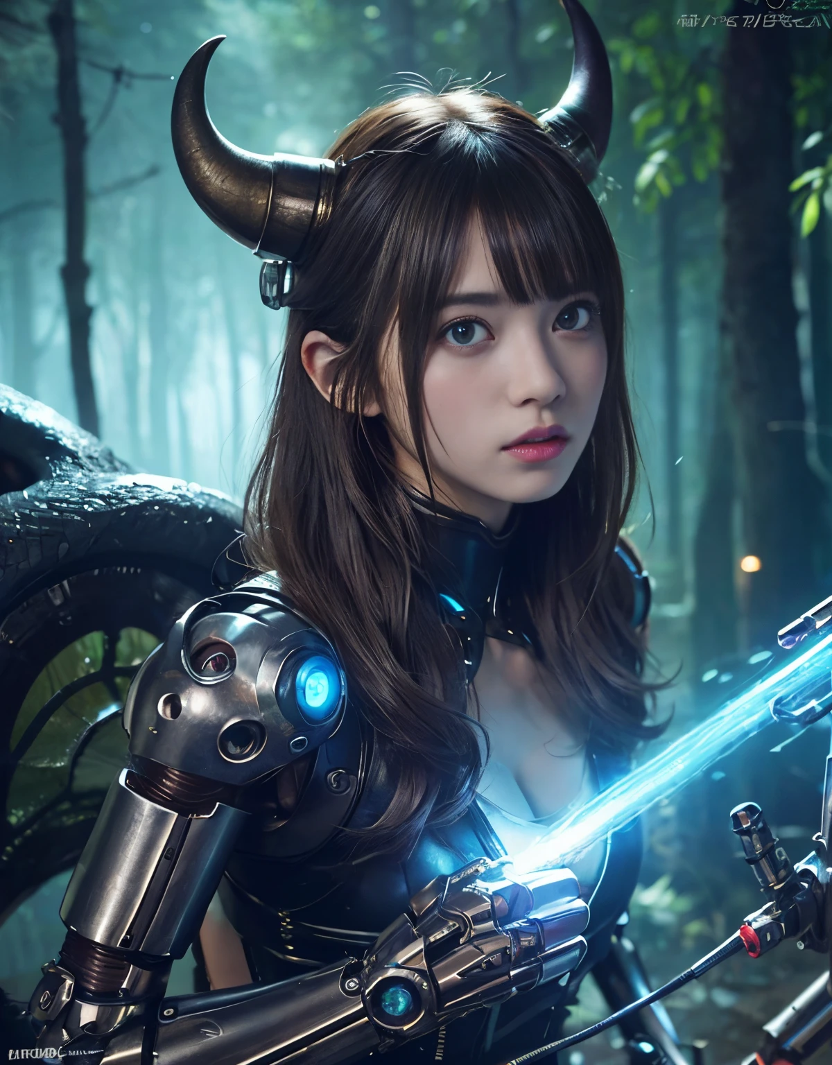 (1 Mechanical Girl)、top-quality、masterpiece、超A high resolution、(Photorealsitic:1.4)、Raw photo、女の子1人、Fight mutants、glowy skin、(((1 Mechanical Girl)))、With a beautiful knife、(Red Metal Bodysuit)、(Fight goblings、ogre、Fierce battle with orcs),(Fight fiercely against aliens)、Fight fiercely、(beautiful forest background)、(Fighting Demonic Beasts)、(Small LED)、((super realistic details))、portlate、(Strong giant demon beast background),globalillumination、Shadow、octan render、8K、ultrasharp、Colossal tits、Raw skin is exposed in cleavage、metals、Details of complex ornaments、Japan details、highly intricate detail、Realistic light、(Mystical expression),CGSoation Trends、Blue eyes、radiant eyes、Facing the camera、neon details、(Mechanical limbs)、(blood vessels connected to tubes)、(Wires and cables connecting to the head)、Small LED、,Mechanical thighs、Toostock、(Hands are also made of machines)、(Attack of the Monster Beasts)、
