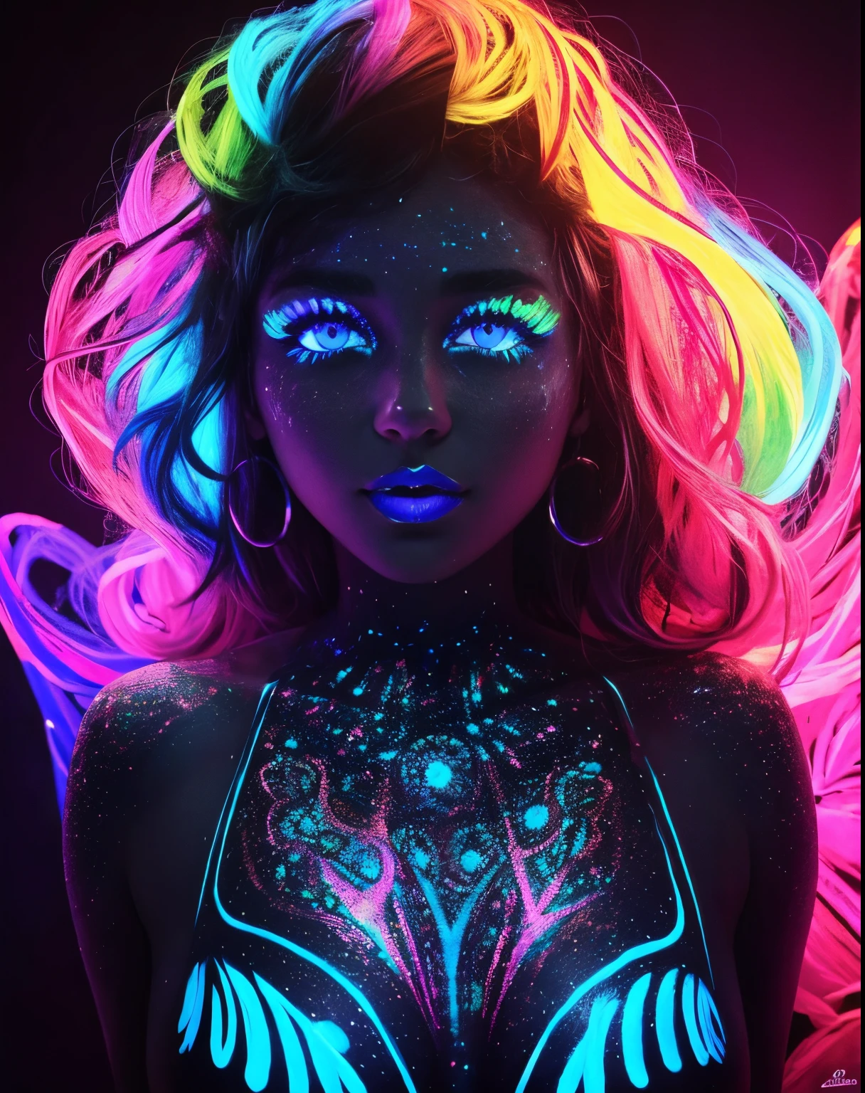 Black light painted on girl&#39;s face, closeup cleavage