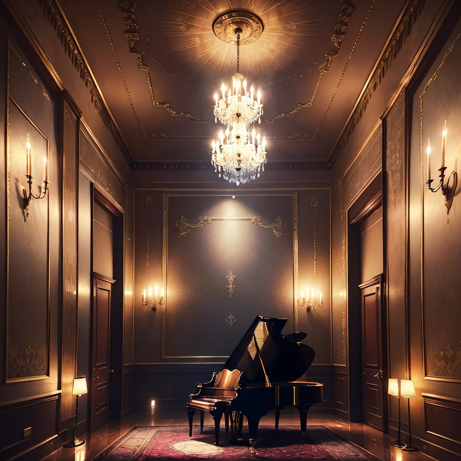 Luxurious music salon with one grand piano, Vintage wallpapers, Decorative paintings hang on the walls, Floors with intricate marble, Equipped with vintage chandeliers, The vintage American décor is gorgeous, baroque, Rococo, neoclassicism style, ornate and elegant, Neoclassical style, ornate and detailed, ornate retreat, tmasterpiece, best qualtiy, （Very detailed wallpaper of G6unty 8K）（HighestQuali）, （Most Best Illustration）, (Best shadow), （cinmatic lighting）3, detailed anime style illustration, luxury goods, Amazing Gatsby style
