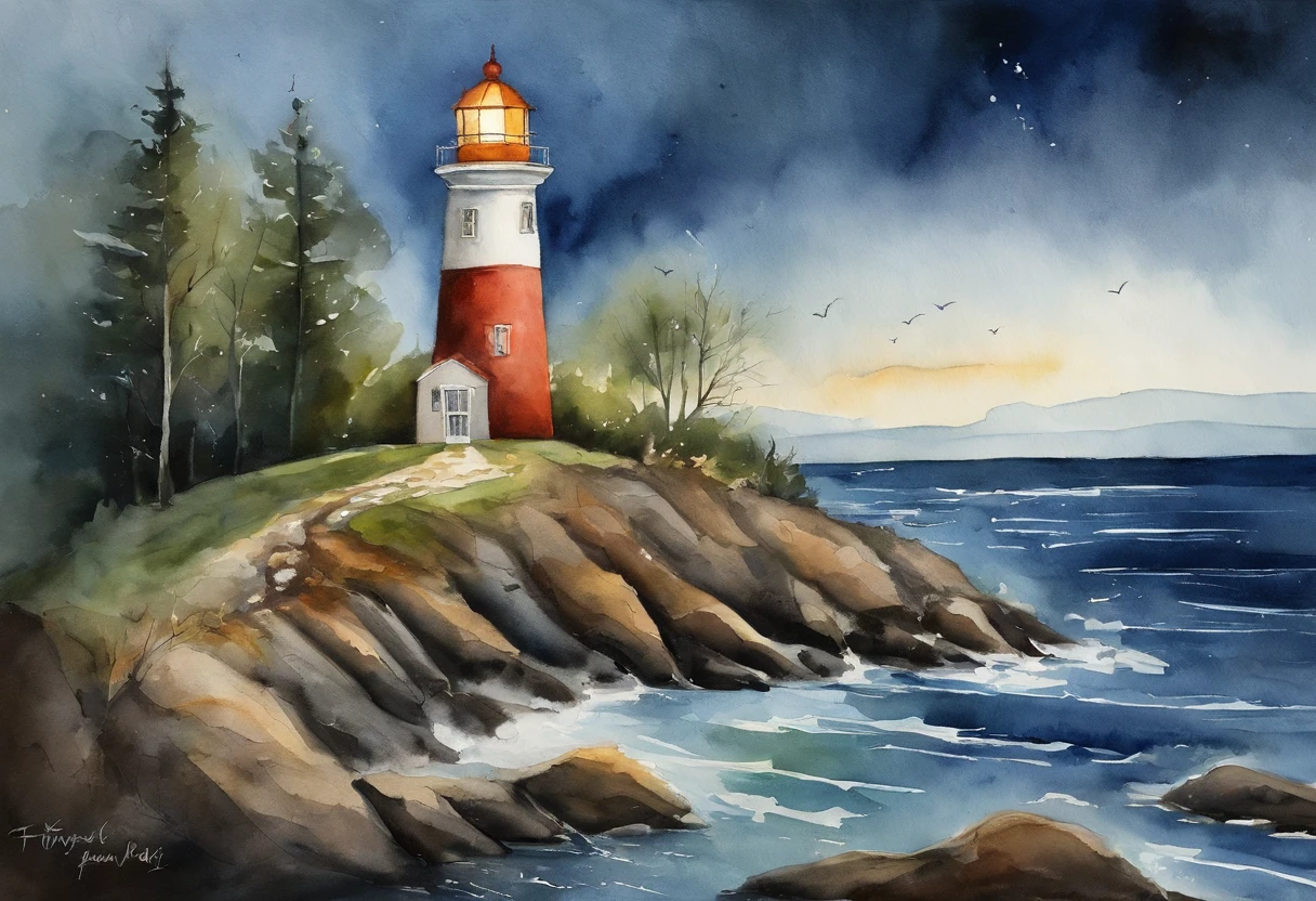 The image showcases a lighthouse at night, with its light beams dramatically piercing the darkness. The lighthouse stands tall against the dark blue night sky, its structure illuminated from below which creates a striking contrast. The light emanating from the lighthouse is bright white, with rays spreading outward into the night. Vegetation is visible at the base of the lighthouse, subtly lit, suggesting the lighthouse is situated on a landscape with some greenery. The scene conveys a sense of guidance and watchfulness, typical of a lighthouse's symbolic role as a navigational aid and a beacon of safety for ships at sea.