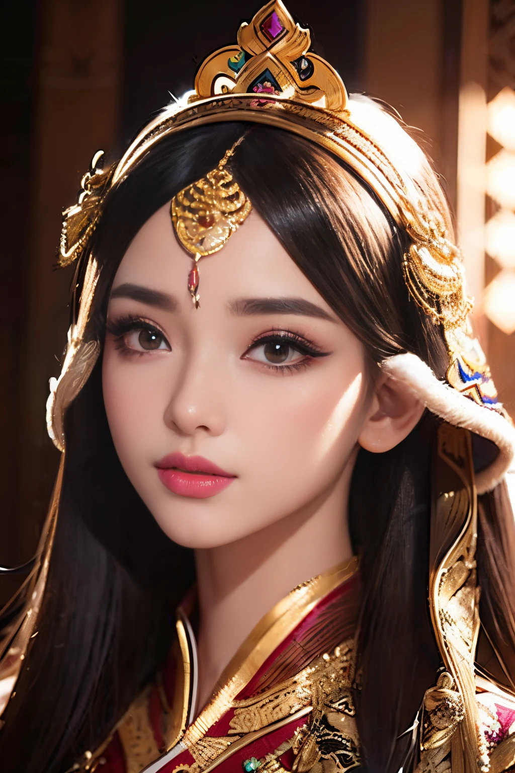 best quality, ultra-detailed, portrait, Indonesian traditional cloths, beautiful detailed eyes, beautiful detailed lips, long hair, feminine, traditional headpiece, ornaments, rich colors, bright background, studio lighting