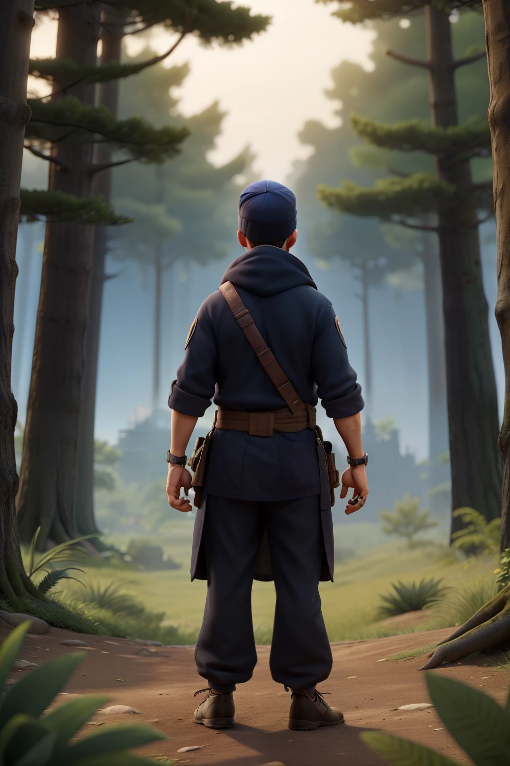 at a forest,There is a ninja,Look out over the city in the distance