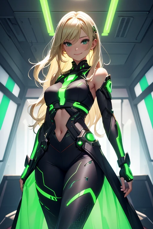 A beautiful, young, visibly barefoot cyborg woman, wearing skintight cybernetic technological green and black body armor top  with a long skirt, bare midriff, with short blonde wavy hair, in a futuristic room, standing, smiling.