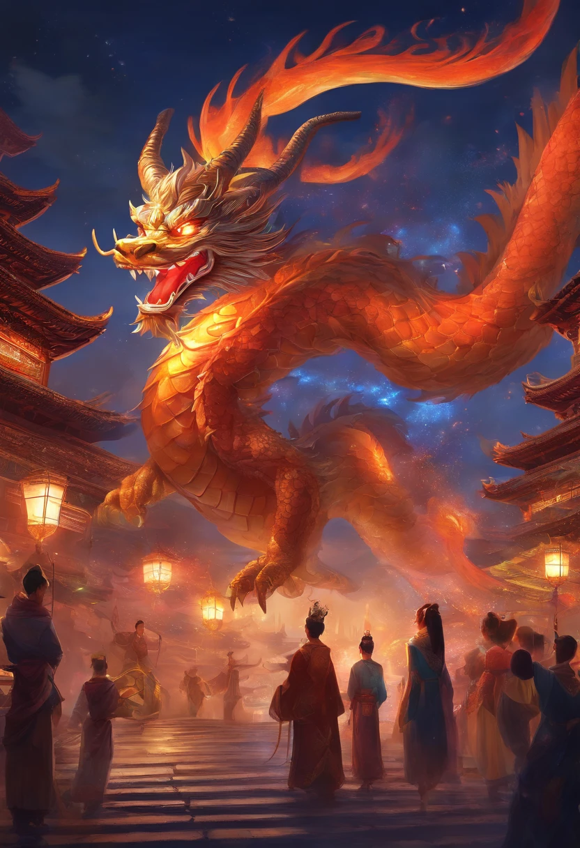 Chinese dragon anthropomorphic image、reflective light,Foot on auspicious clouds,Tiny cute、Q version characters,3D modeling,Frontal lighting,ultra - detailed、8k、Realistic depiction、Holding an ingot、Lively night market in the background、fire works、Firecrackers,oc rendered,hyper realisitc,Best quality,8K,Works of masters,ultradetailed