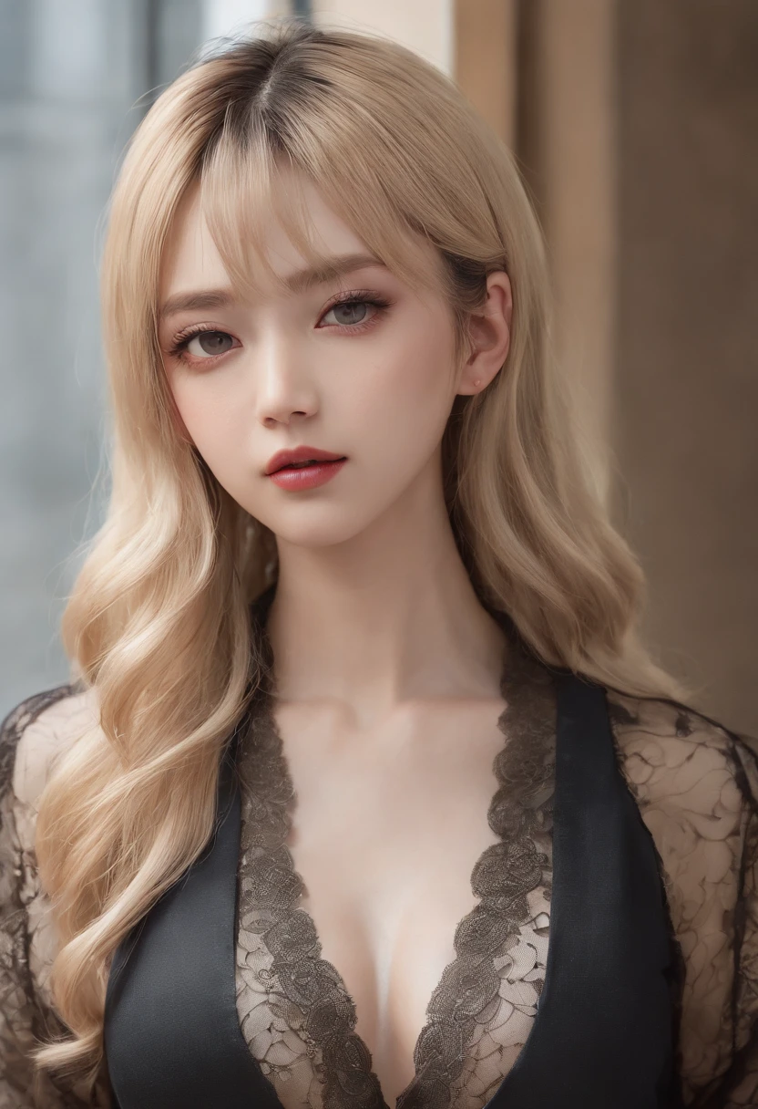 Best quality at best, 超高分辨率, (realisticlying:1.4), 1个Giant Breast Girl, button- shirt, Black dress, schools, dark brown  hair, nedium breasts, (Blonde hair:1.2), looking at viewert, (The face is very detailed:1.1),,  (Pure love face_v1:0.8),tiktok,
