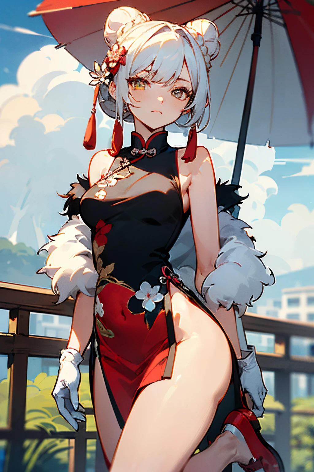 (((Highly detailed, the Extremely Detailed CG Unity 8K Wallpapers, Illustration, hight resolution, absurderes, Beautiful detailed eyes, Fine breasts, very detail hair)), ((masutepiece))
Outdoors,skyporn,cloud,tussock,
((Beautiful detailed eyes)),
1girl in,Solo,Chongqing
Subjective crotch,
Cowboy Shot,
Bangs,Closed mouth,medium breasts,braid,Yellow eyes, White hair,Double bun,breasts,
gloves, thighs thighs thighs thighs, Hair bun, elbow groves, white thighhig,White Gloves, Hair Ornament, shawls,side slits, Dress, braided bun, Sleeveless,(with floral pattern), pelvis curtain, Skirt, Red skirt, shoes, red footwear, alternate costume,braided bun, Bare shoulders, Braided bangs, (Fur trim on clothes:1.1), Hair Flower,qipao dress, Chinese clothing