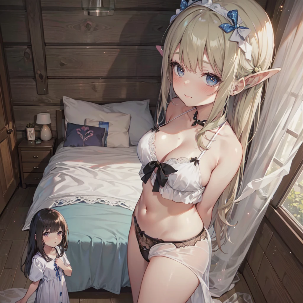 a girl below the breasts of a giantess, a girl in front of the breasts of a giantess, (2girls:1.8), (height_difference:1.5), (size_difference:1.2), cabin bedroom, wood cabin bedroom, bed, pillow, (giantess:1.3), small breasts, bow, smug, bare_skin, (huge breasts), lingerie,