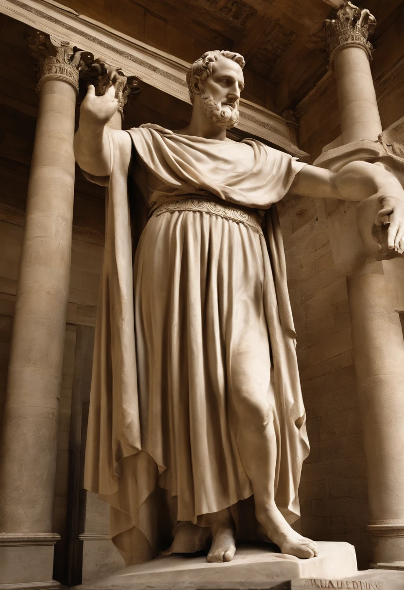 A photo of Cicero examining a sculpture of the goddess Justitia.,Roman Republic,Marcus Tullius Cicero has a slender and tall build with a prominent forehead and high hairline. He has a long, thin face, a straight nose and a sharp chin. He has expressive and animated facial expressions. Meticulous in his appearance. Often wears a Roman Toga. He pays attention to his hair and beard. , male