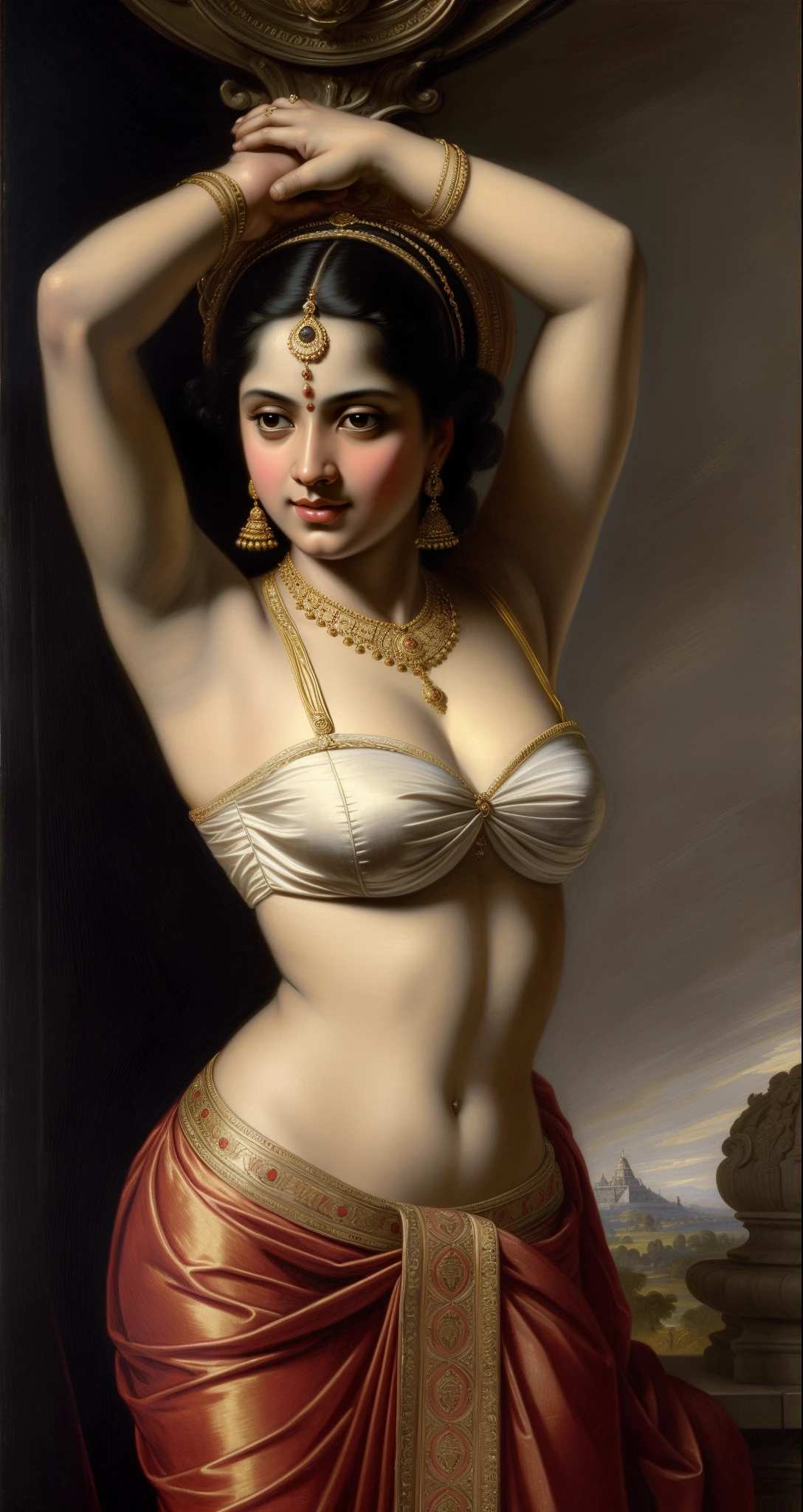 Beautiful Indian Woman, wearing saree, sari Beauty, gorgeous, Apsara, Maharani, royal queen woman, nymph from Hindu Mythology, Urvashi, matchless beauty, Highly detailed, Oil Painting by Peter Paul Rubens inspired by Raja Ravi Varma, Matchless beauty, captivating, gorgeous, heavenly beauty, celestial beauty, by Peter Paul Rubens, 1893, realistic, hyper realistic, micro details, incredible artwork, insane details, ultra High resolution, 8k, 32k, acrylic on canvas, intricate, flawless, detailed, detailed face, detailed eyes, masterpiece, by Peter Paul Rubens, by Caravaggio, by William Adolphe bouguereau, perfect face, perfect body, beautiful art, realism, baroque, renaissance Art, highly textured, beautiful and High clarity eyes, uhd, best quality,