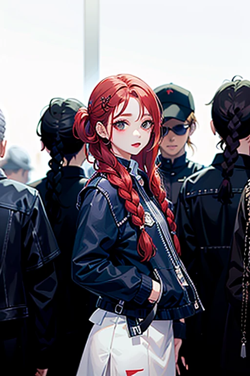 Red-haired Arafad woman standing in front of a group of other women, Bae Xiuzhi, Park Shin-hye plays a supervillain, Yoo Lee Ji Eun plays the supervillain, sha xi, josie by blackpink, jinyoung shin, gongbi, IU, you were before, Nam Jae-yeon, Portrait of a Korean female idol, braid hairstyle, Official