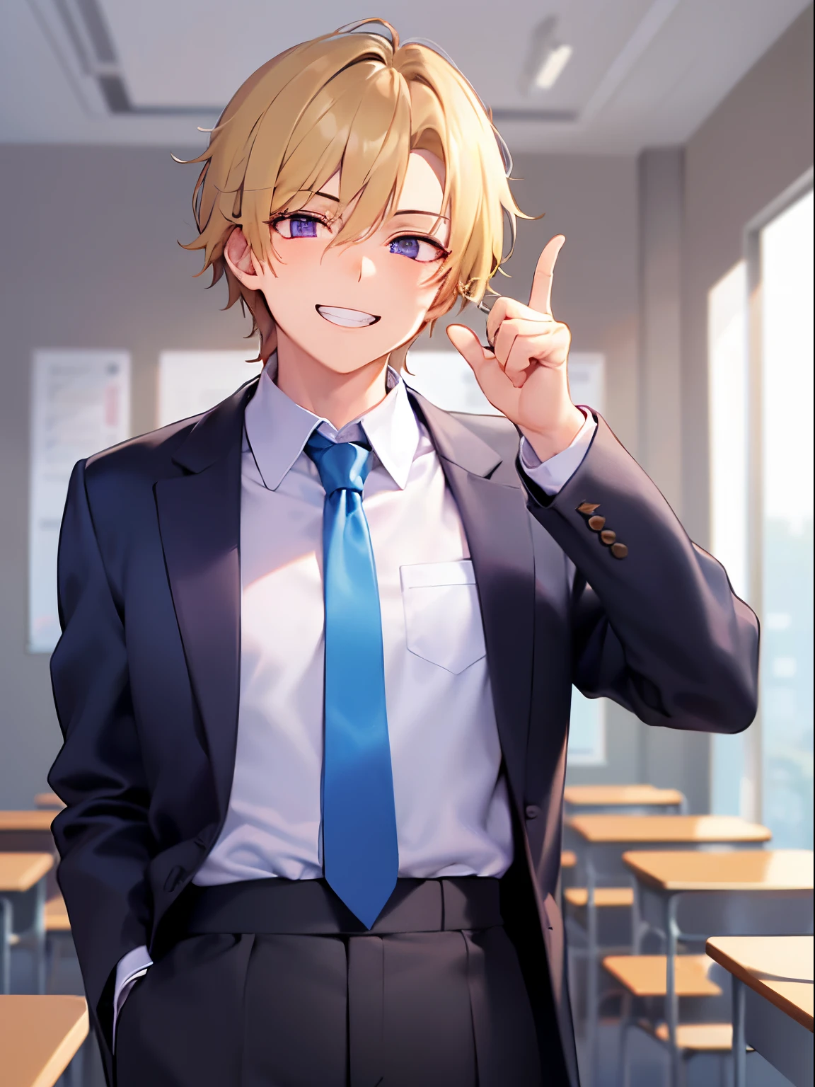 Pointing gesture, ​masterpiece、hightquality、18 year old male with short blonde hair and purple eyes、Wearing a high school uniform、white  shirt、blue tie、(Alone:1.5)、(grin:1.1)、(Only the upper body is shown.:1.3)、be in a school classroom、Bold composition、