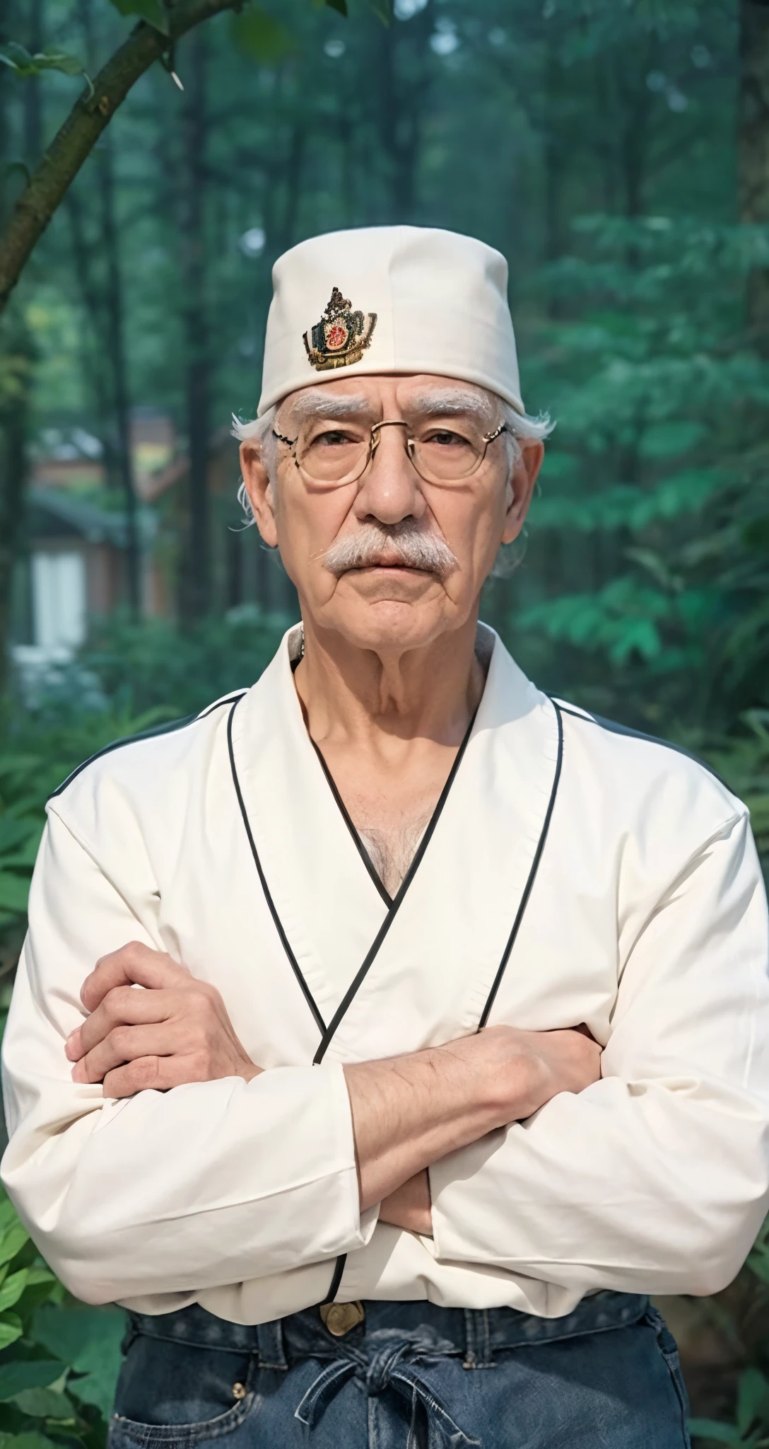 Real life adaption of this character ,Old Man face , realistic same hair , (realistic same outfit),,realistic background , realistic light, realistic shadow, realism, hyper realistic,(photorealistic:1.2), normal small eyes,