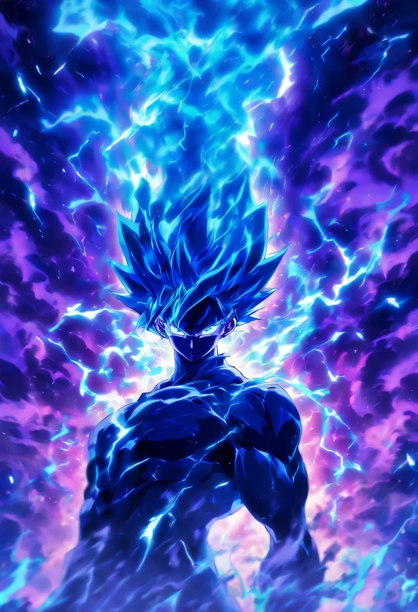 Soul Fire Finds Mysterious Master, The short-haired male figure is shrouded in ethereal blue lightning,Reflective dark purple etching. His mysterious presence hints at a close connection with infernal forces. A purple shadow fell on him, The mysterious dance of creation, Destruction and Rebirth,