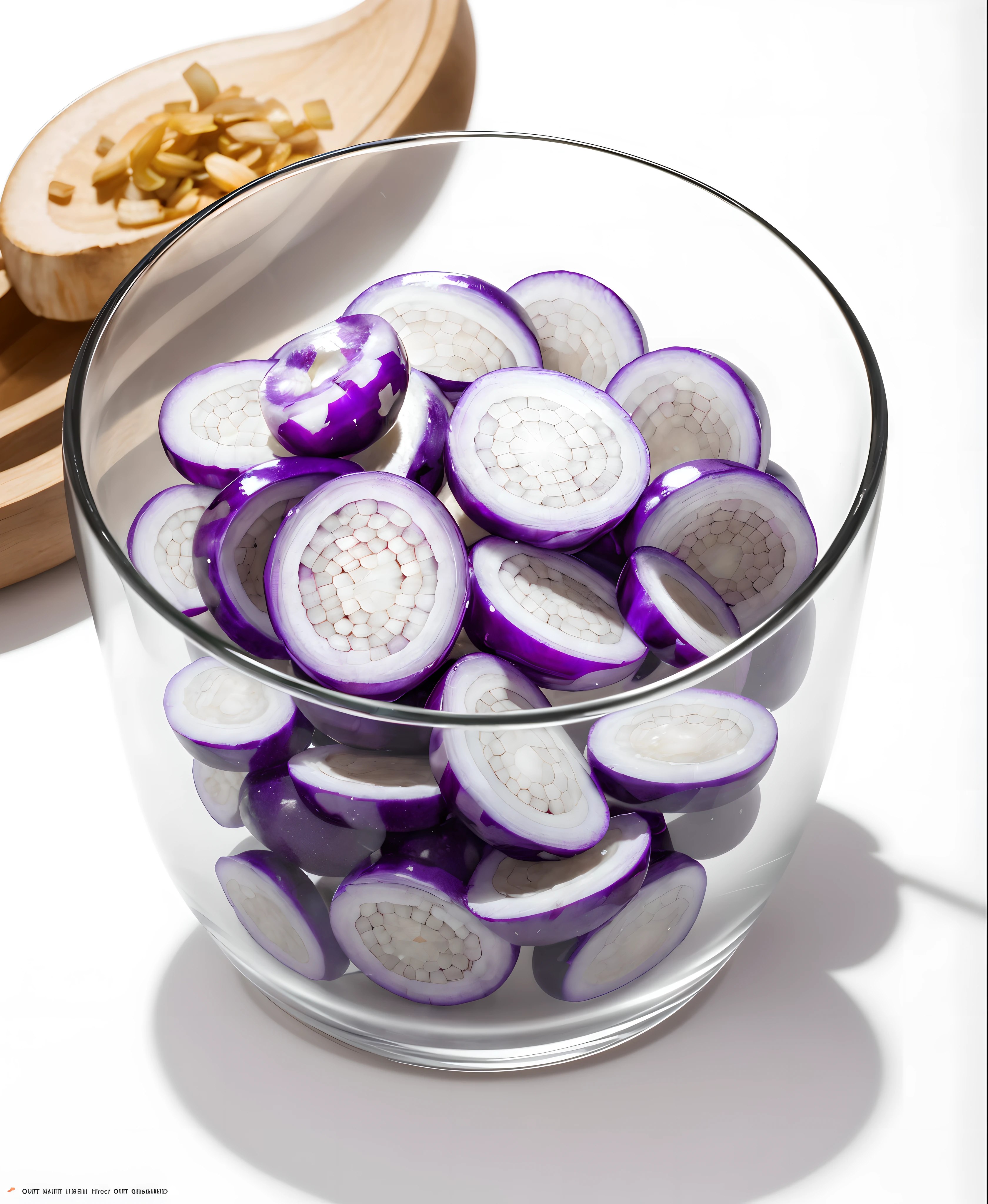 （Best quality at best，8K，tmasterpiece：1.3），without humans，clear glass bowl，There are some purple onion slices in it, onion slices, onion slices, blend, de tarhepodroso, intense detail, on the white background, Clear detail, professional,（hyper realisitc：1.3）