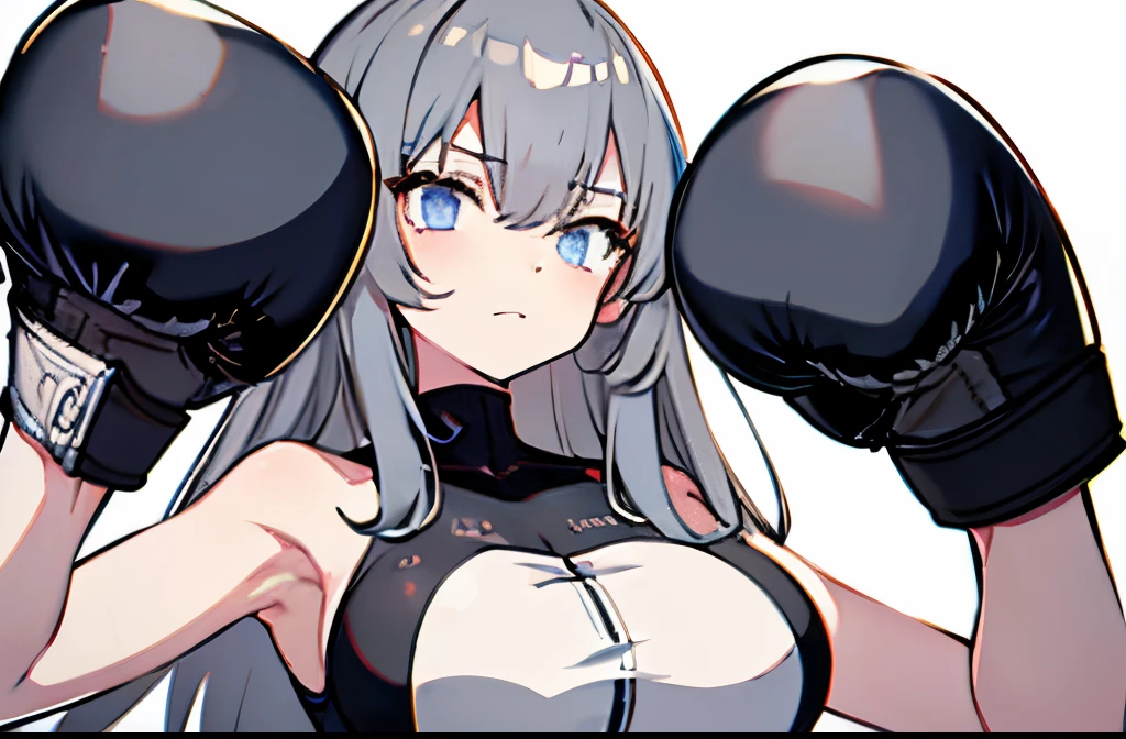 【Highest Quality, masutepiece】 [1 girl in, expressioness, Shiny Cerulean eyes, very long hair,] (Gray white background:1.5), large breasts,punch,