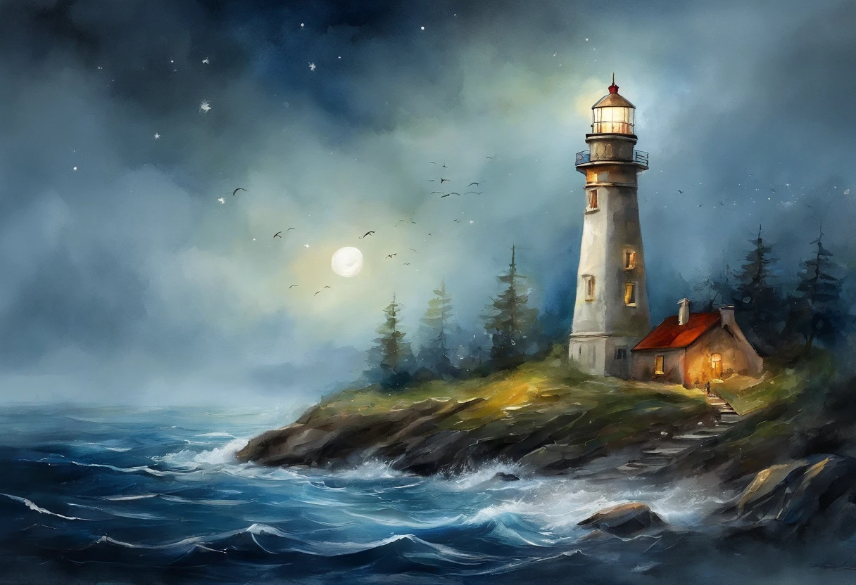 This picture shows a lighthouse at night,its beam penetrates the darkness,attention-grabbing。The lighthouse stands tall in the dark blue night sky,its structure is illuminated from below,A stark contrast。The light from the lighthouse is bright white,light spreads outward,Reflected in the night。The vegetation at the base of the lighthouse is clearly visible,The lights are faint,Suggesting that the lighthouse is located in a lush green landscape。This scene conveys a sense of guidance and vigilance,It typically embodies the symbolic role of the lighthouse as a navigation aid and a safety lighthouse for ships at sea.。Waves show depth,There is no house under the lighthouse。