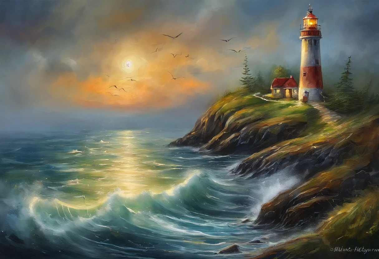 This picture shows a lighthouse at night，its beam penetrates the darkness，attention-grabbing。The lighthouse stands tall in the dark blue night sky，its structure is illuminated from below，A stark contrast。The light from the lighthouse is bright white，light spreads outward，Reflected in the night。The vegetation at the base of the lighthouse is clearly visible，The lights are faint，Suggesting that the lighthouse is located in a lush green landscape。This scene conveys a sense of guidance and vigilance，It typically embodies the symbolic role of the lighthouse as a navigation aid and a safety lighthouse for ships at sea.。Waves show depth，There is no house under the lighthouse。