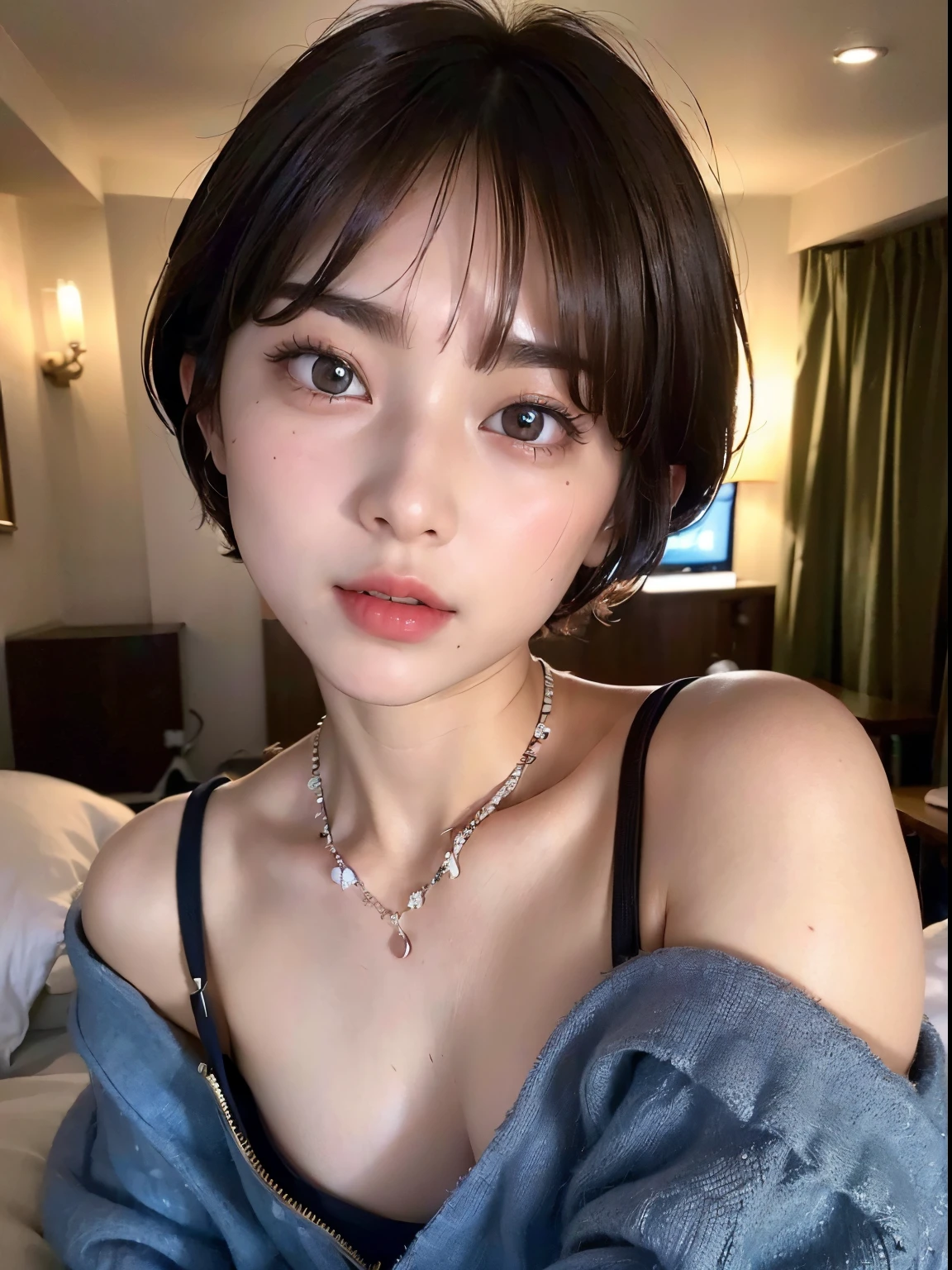 ((top-quality))、(​masterpiece:1.4)、Raw photography、8K、((Top image quality))、 ((hight resolution))、Beautiful face in every detail、Realistic human skin、Gentle expression、(One lady:1.3 )、realisitic、Photorealsitic、(extra very short hair:1.4)、(Beautuful Women)、(cute Japanese girls)、Perfect Body Beauty、(boyish:1.35)、((mannish))、(I want you to rape me:1.7)、((Pretty Woman))、(nighttime scene:1.4)、(Beautiful hair)、((dark brown  hair))、(((Red cheeks)))、((Her eyes are big))、20-year-old beauty、(her face is small:1.7)、small head、((long neck))、(huge tit:1.3)、pale skin、Spot-free skin、With bangs、Everyone longs for、japanese beautiful woman、Bedroom、eight heads high、(((date)))、((girlfriend))、(a necklace)、Looking at the camera、(Oversized clothes:1.375)、a bed、off shoulders、(Sexual feelings:1.5)、(Woman in love:1.5)、(Strong libido:1.5)、(Lusting:1.4)、(Woman seeking sexual activity:1.5)、(I want to have sex:1.5)、(Temptation:1.4)、