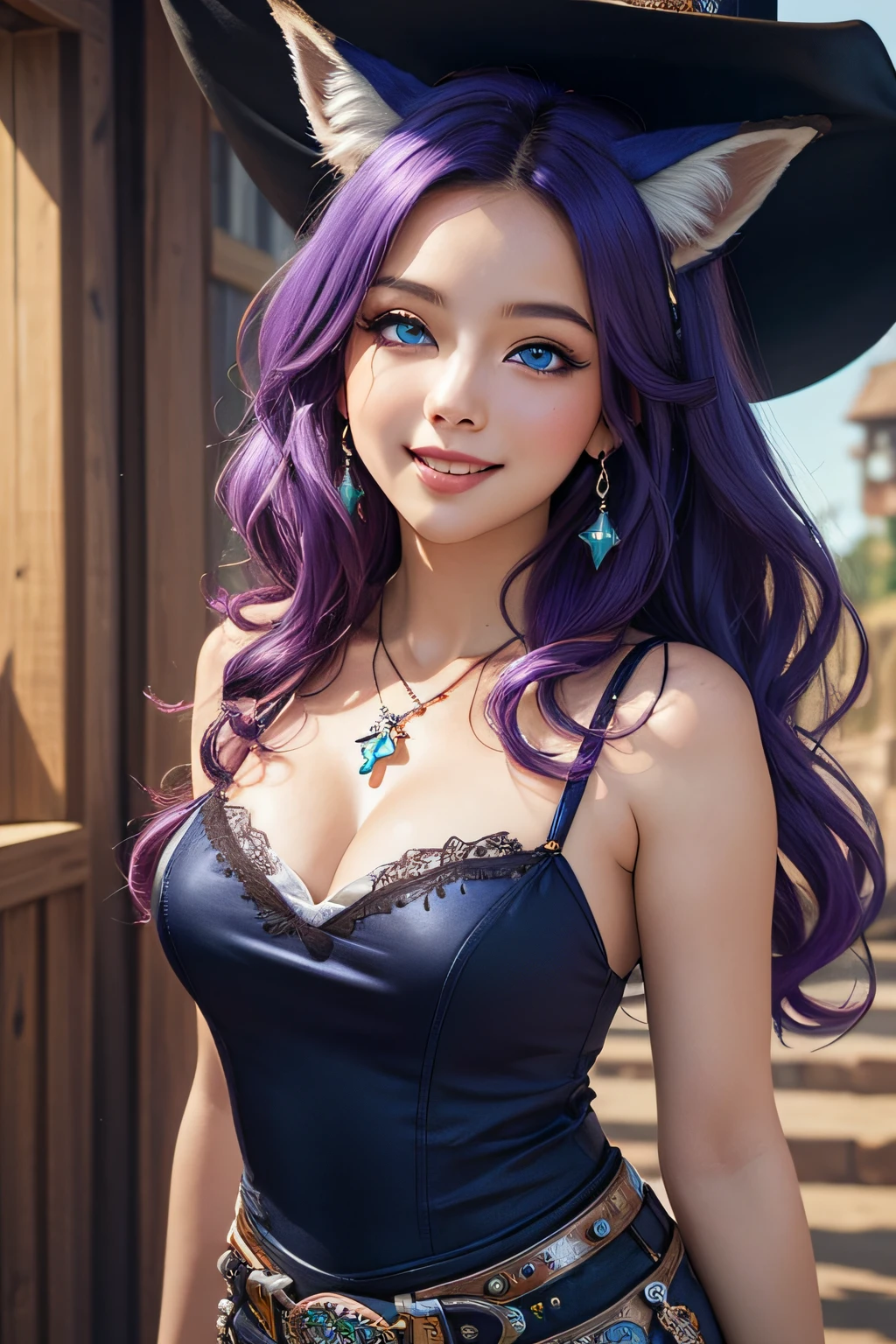 ((masutepiece)), ((Best Quality)), (Ultra-detailed), ((kawaii)), Cute, (lovely), ((Extremely detailed)), 4K, (8K), Best Quality, (Beautiful), Illustration, Dynamic Angle, (Cowboy Shot:1.3), sacred place, Pretty women, Solo, Witch, Beautiful purple hair, Beautiful blue eyes, ((Beautiful eyes)), (Fox ears:1.2), Hair ornaments, earrings, Necklace, Smile, luminous effect, shiny