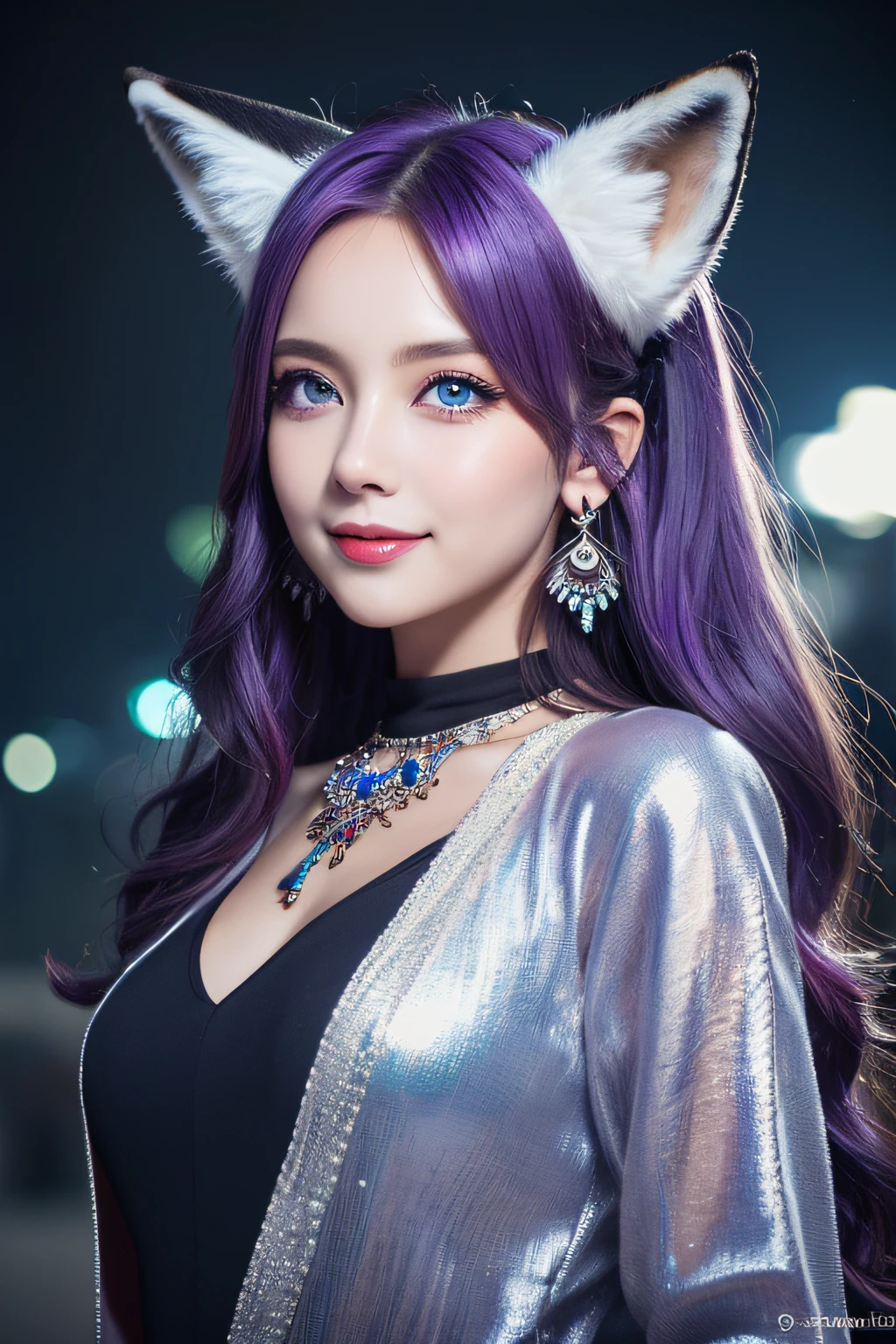 ((masutepiece)), ((Best Quality)), (Ultra-detailed), ((kawaii)), Cute, (lovely), ((Extremely detailed)), 4K, (8K), Best Quality, (Beautiful), Illustration, Dynamic Angle, (Cowboy Shot:1.3), sacred place, Pretty women, Solo, Witch, Beautiful purple hair, Beautiful blue eyes, ((Beautiful eyes)), (Fox ears:1.2), Hair ornaments, earrings, Necklace, Smile, luminous effect, shiny