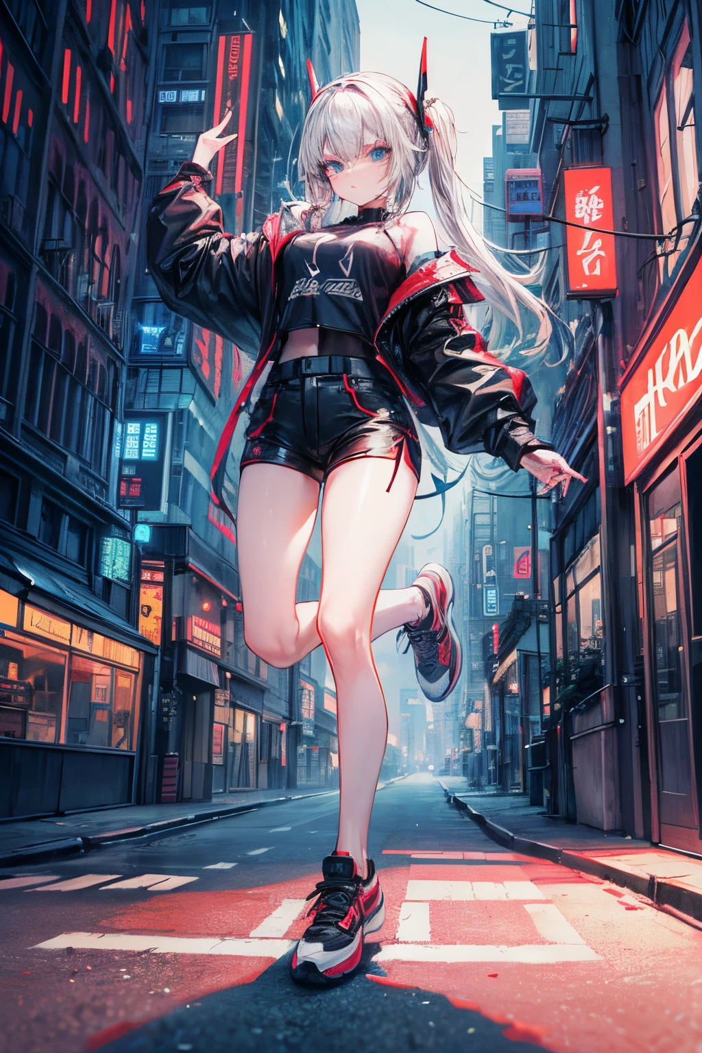 (masterpiece,best quality,8k,ultra-detailed:1.3), (landscape photography:1.5),(((a tall slim girl is jumping on the wide street in city))), (extreme long shot:1.6),((((((perfect face,perfect eyes)))))),anime style,street style clothing,shorts,sneakers,cap,BREAK cyber punk and futuristic city,neon sign,((detailed beautiful background))