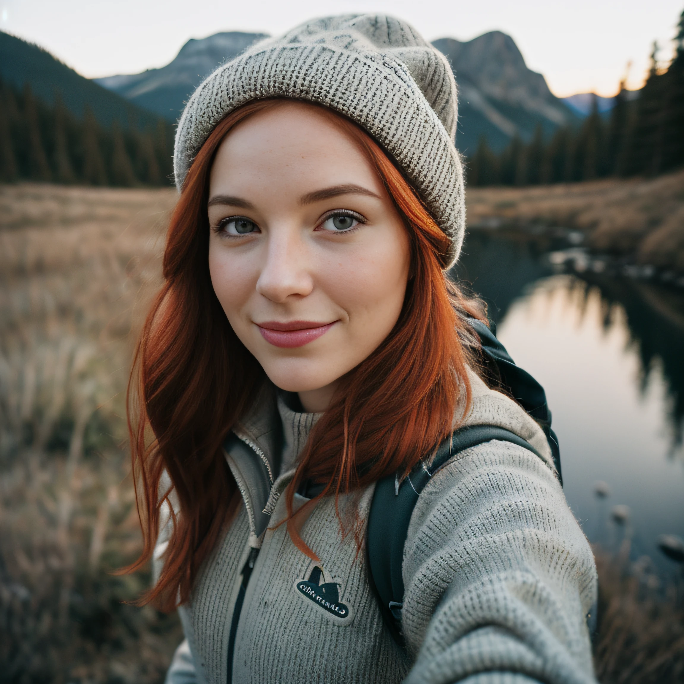 1 red hair woman((upper body selfie, happy looking into camera)), masterpiece, best quality, ultra-detailed, solo, outdoors, (night), mountains, nature, (stars, moon) cheerful, happy, backpack, sleeping bag, camping stove, water bottle, mountain boots, gloves, sweater, hat, flashlight, forest, rocks, river, wood, smoke, shadows, contrast, clear sky, analog style (look at viewer:1.2) (skin texture) (film grain:1.3), (warm hue, warm tone)