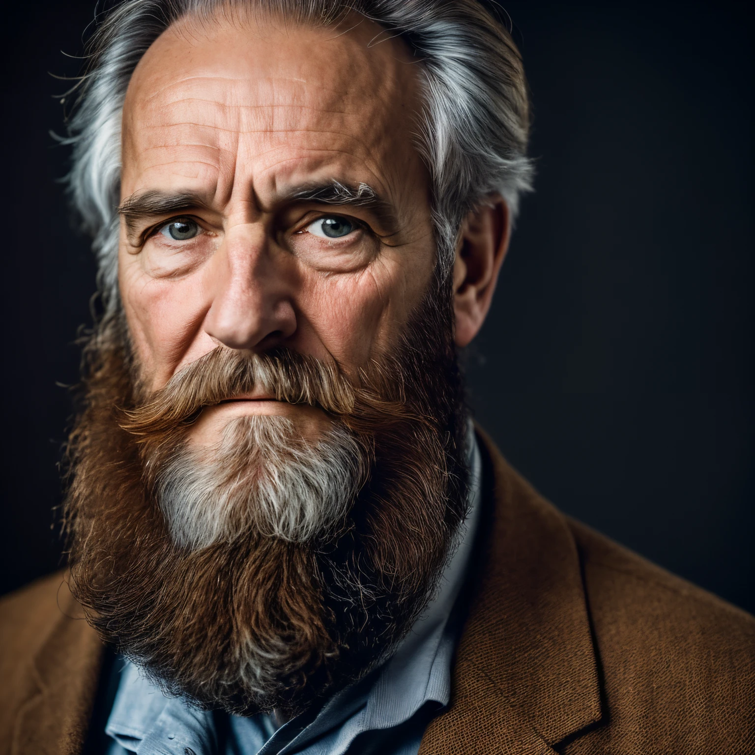a detailed photograph of middle-aged historian man, beard, 8k photography, a portrait looking directly at the camera, face upon the camera, hand relaxed, seurious face, ultrarealistic, facing straight at the camera, standing straight, black background, sharp focus, front view, half body portrait