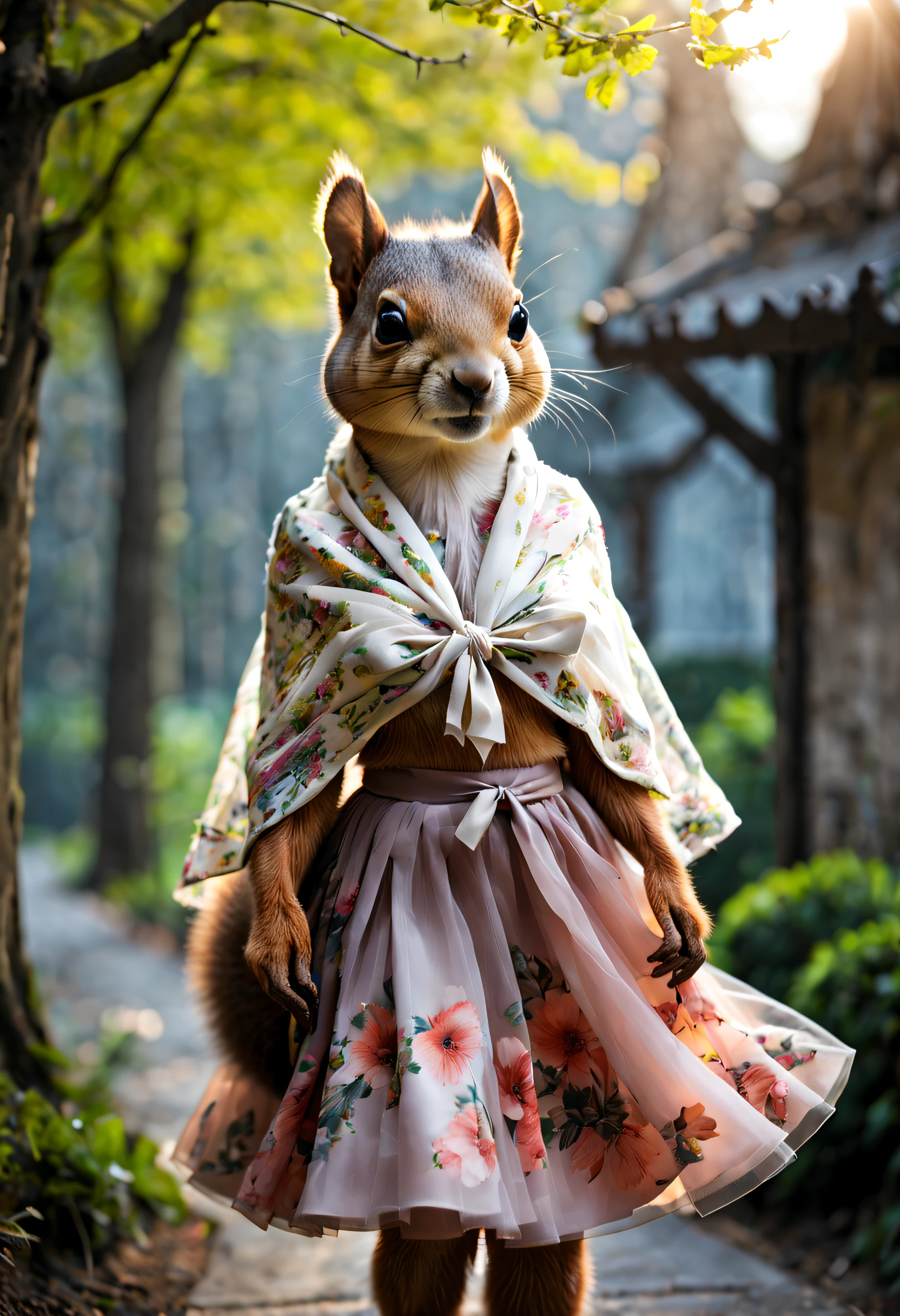 Squirrel model shows off fresh spring style,Wearing a floral dress,Wearing a tulle shawl,Welcome the spring sunshine。