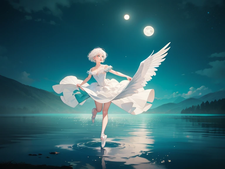 1 woman, extremely detailed face, ((woman with short white hair, teal eyes)), 25 years old, , woman wears white ballet dress with white feathers like a swan, dancing ballet in the middle of a lake, reflection on water, moonlight, magical atmosphere