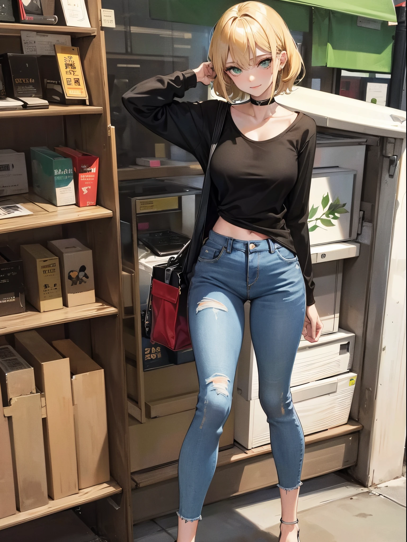 woman:1.4), blond hairbl, (Green eyes:1.2), skintight jeans, Black T-shirt with, walk, short detailed hair, 独奏, ssmile, Place your hands behind your body