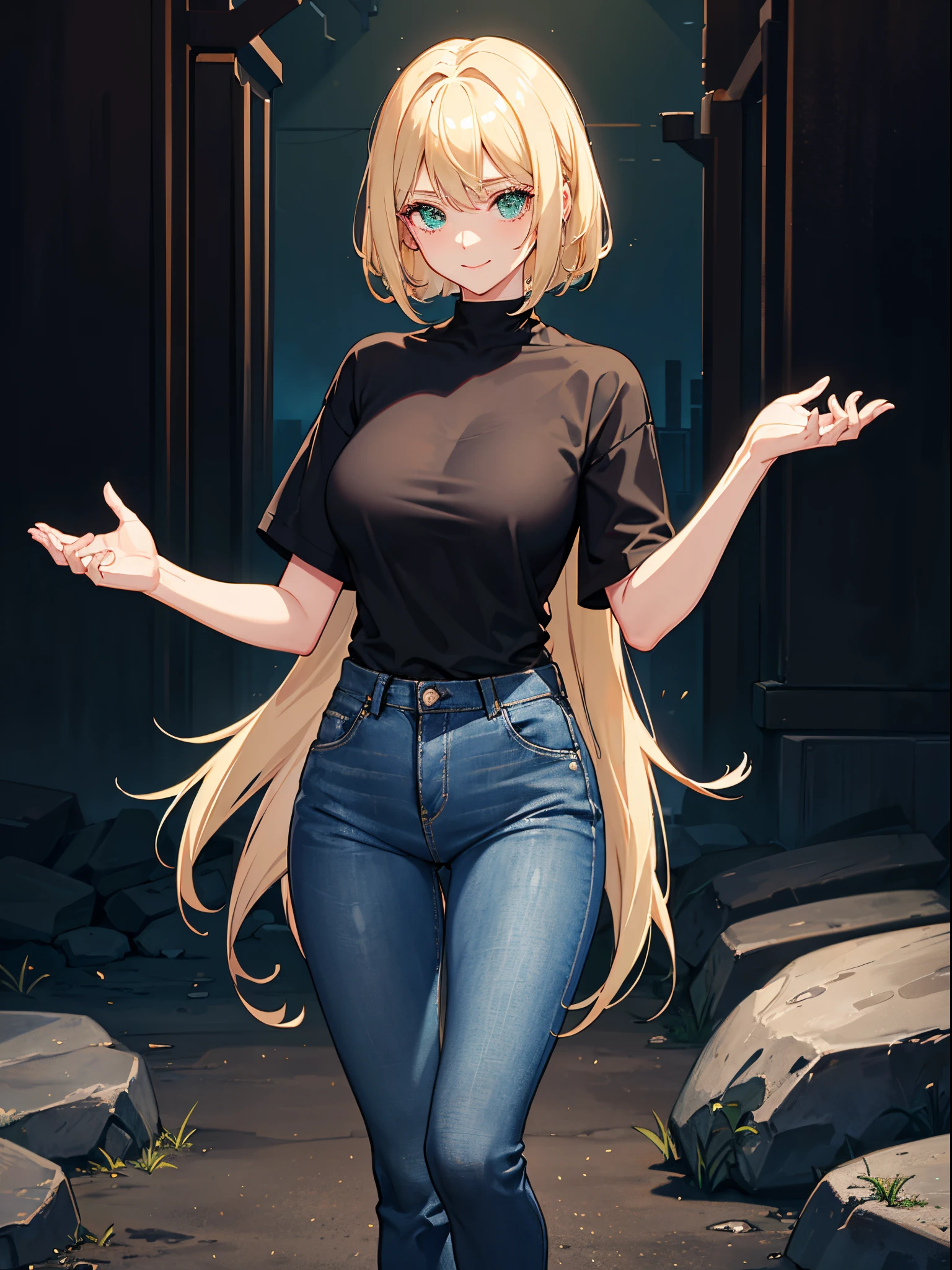 (woman:1.4), blond hairbl, (Green eyes:1.2), skintight jeans, Black T-shirt with, walk, short detailed hair, 独奏, ssmile, Place your hands behind your body