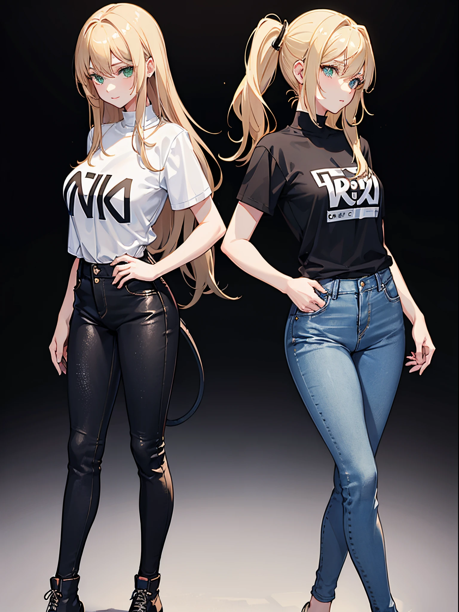 (woman:1.4), blond hairbl, (Green eyes:1.2), skintight jeans, Black T-shirt with, walk, short detailed hair, 独奏, ssmile, Place your hands behind your body