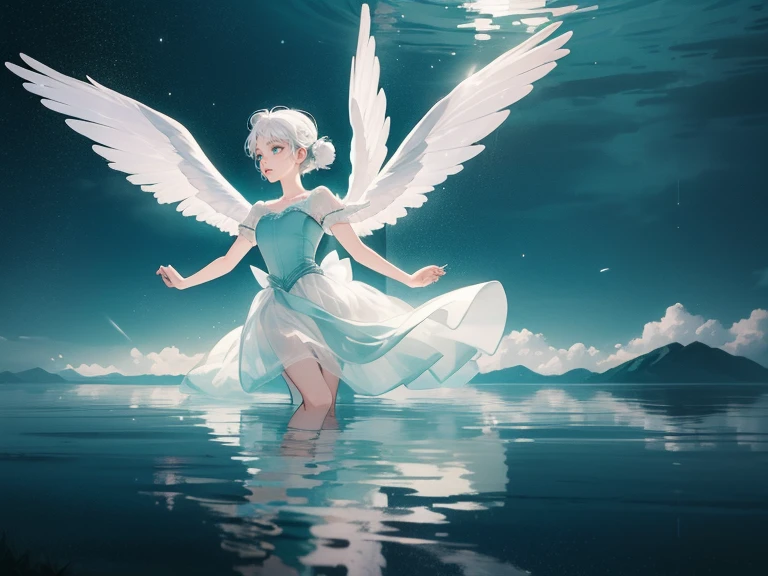1 woman, extremely detailed face, ((woman with short white hair, teal eyes)), 25 years old, , woman wears white ballet dress, white wings, bun hairstyle, dancing ballet in the middle of a lake, reflection on water, moonlight, magical atmosphere, sad expression