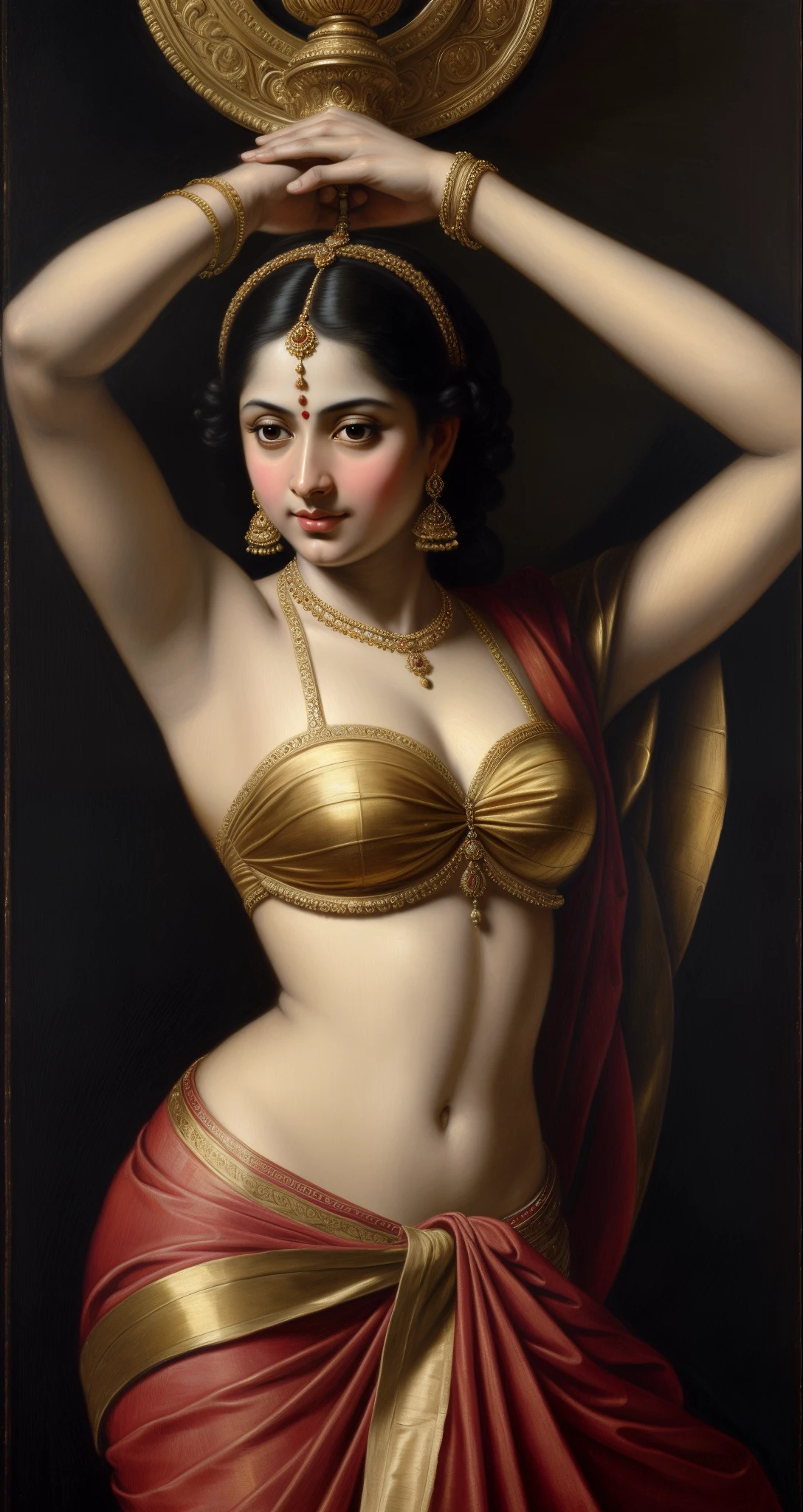 Beautiful Indian Woman, wearing saree, sari Beauty, gorgeous, Apsara, Maharani, royal queen woman, nymph from Hindu Mythology, Urvashi, matchless beauty, Highly detailed, Oil Painting by Peter Paul Rubens inspired by Raja Ravi Varma, Matchless beauty, captivating, gorgeous, heavenly beauty, celestial beauty, by Peter Paul Rubens, 1893, realistic, hyper realistic, micro details, incredible artwork, insane details, ultra High resolution, 8k, 32k, acrylic on canvas, intricate, flawless, detailed, detailed face, detailed eyes, masterpiece, by Peter Paul Rubens, by Caravaggio, by William Adolphe bouguereau, perfect face, perfect body, beautiful art, realism, baroque, renaissance Art, highly textured, beautiful and High clarity eyes, uhd, best quality,