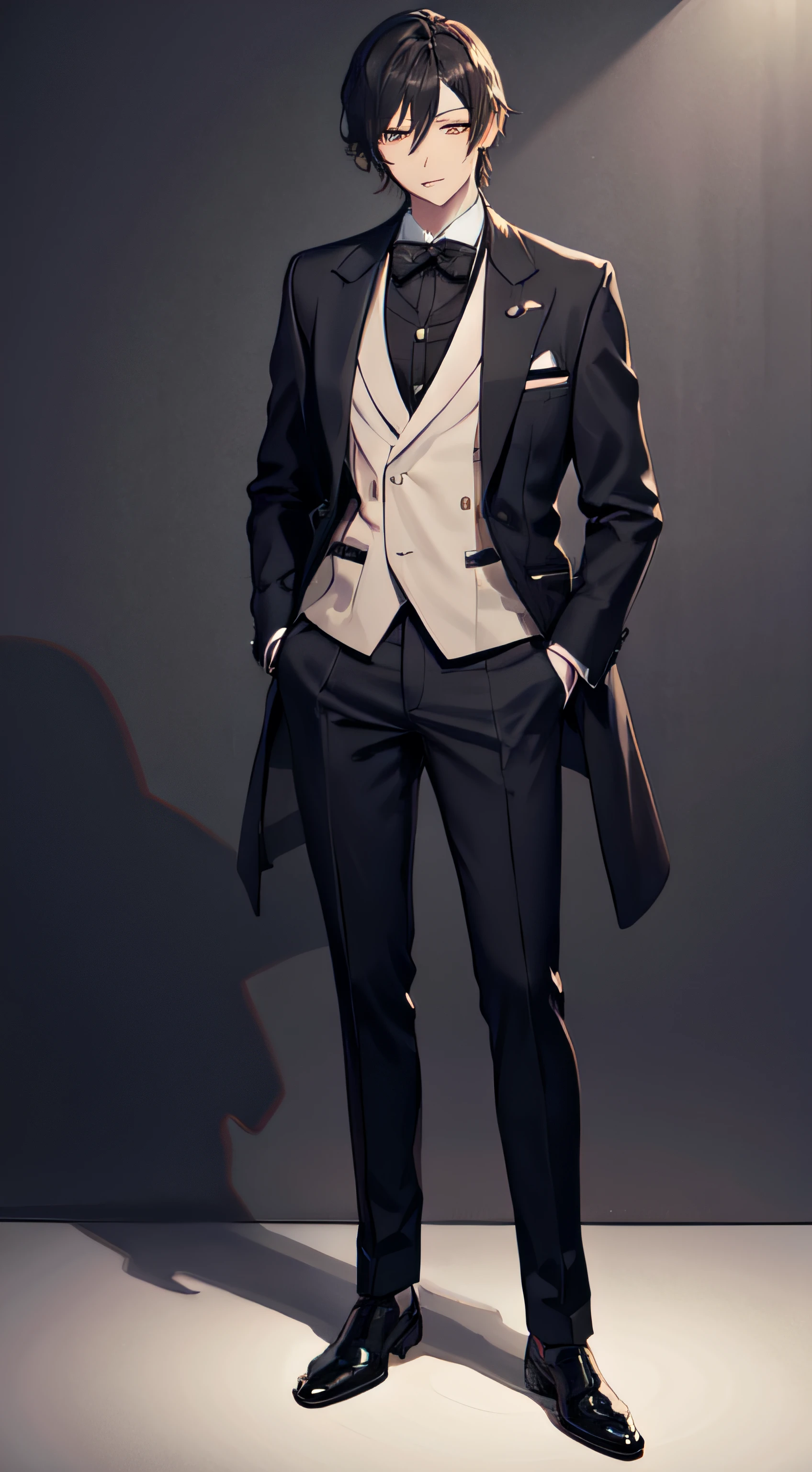 One Man、Tuxedo suit、age 30s〜age 40s、fullbody image、white backgrounid、keep both eyes open