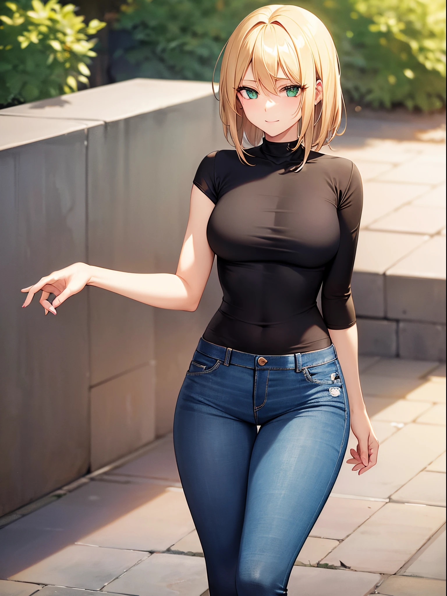 （woman：1.4）， blond hairbl， （Green eyes：1.2）， skintight jeans， Black T-shirt with， walk， short detailed hair， 独奏， ssmile， Place your hands behind your body