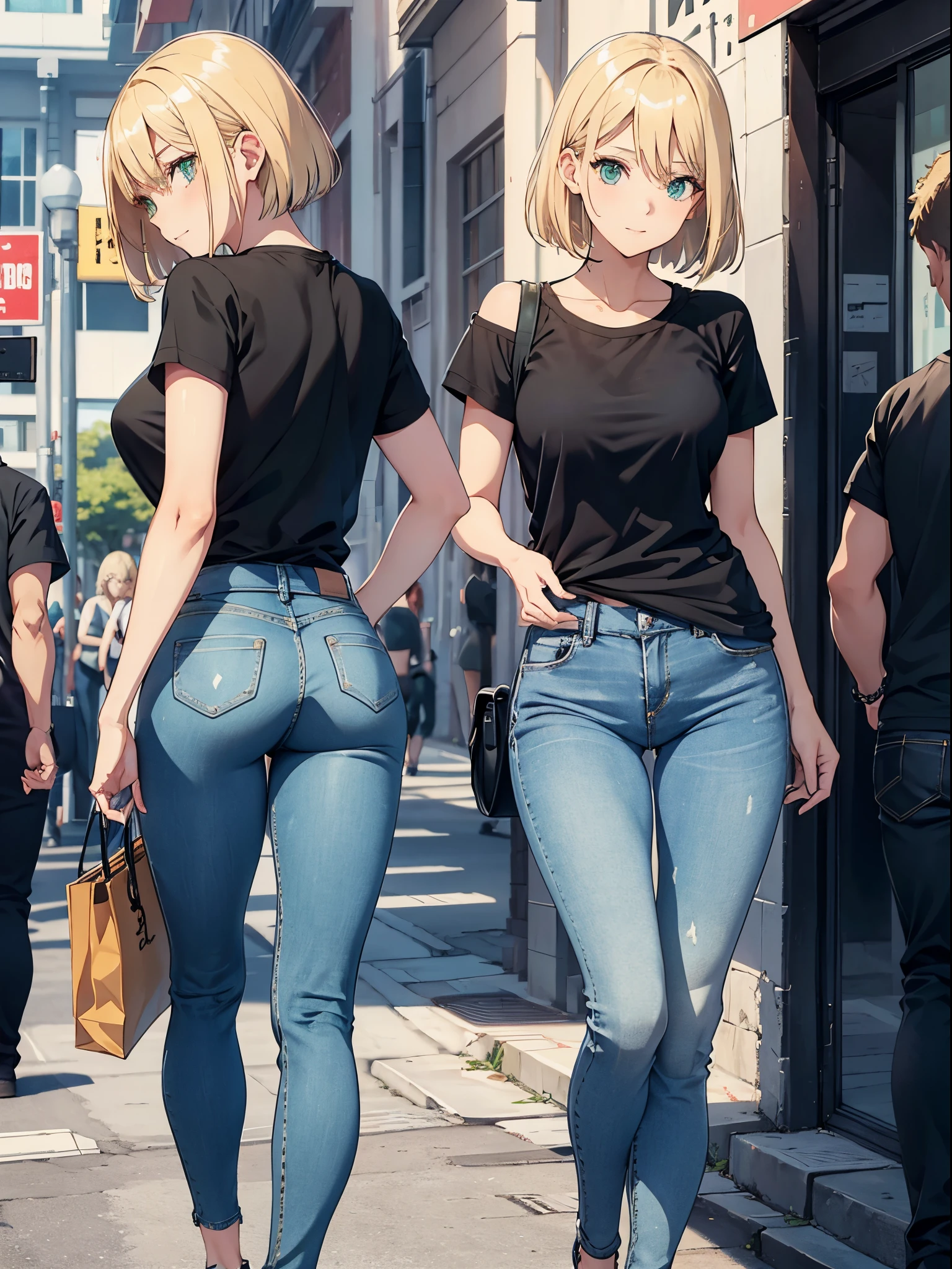 (woman:1.4), blond hairbl, (Green eyes:1.2), skintight jeans, Black T-shirt with, walk, short detailed hair, 独奏, ssmile, Place your hands behind your body