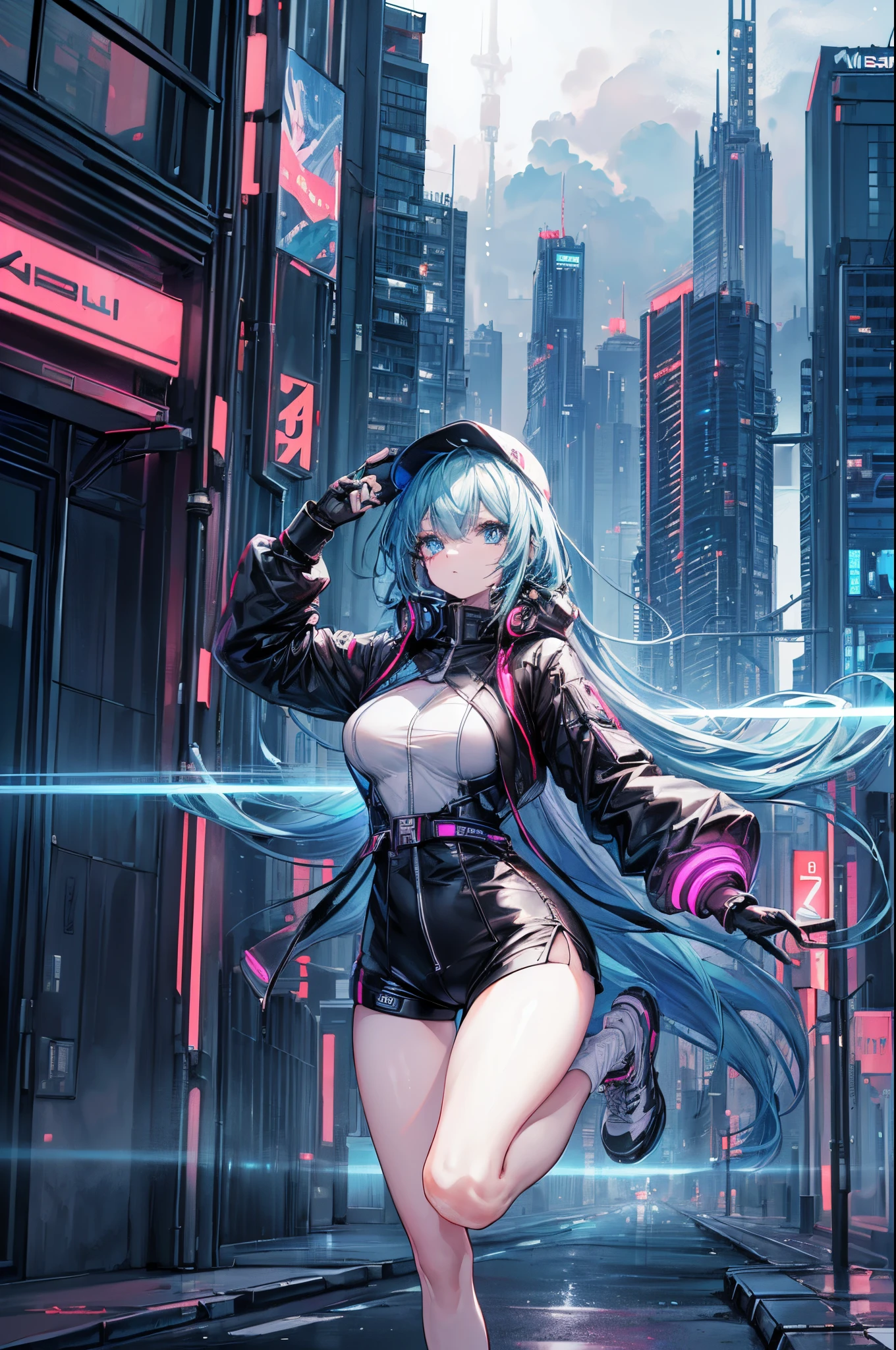 (masterpiece,best quality,8k,ultra-detailed:1.3), (landscape photography:1.5),(((a tall slim girl is jumping in city))), (extreme long shot:1.6),((((((perfect face,perfect eyes)))))),anime style,street style clothing,((full body)),shorts,sneakers,cap,BREAK cyber punk and futuristic city,neon sign,((detailed beautiful background)),(((best quality,8k)))