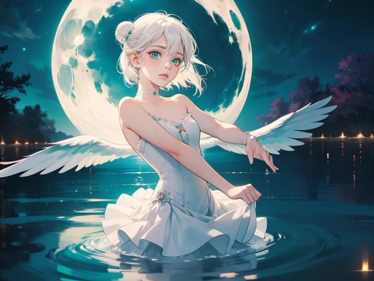 1 woman, extremely detailed face, ((woman with short white hair, teal eyes)), 25 years old, , woman wears white ballet dress, white wings, bun hairstyle, dancing ballet in the middle of a lake, reflection on water, moonlight, magical atmosphere, sad expression