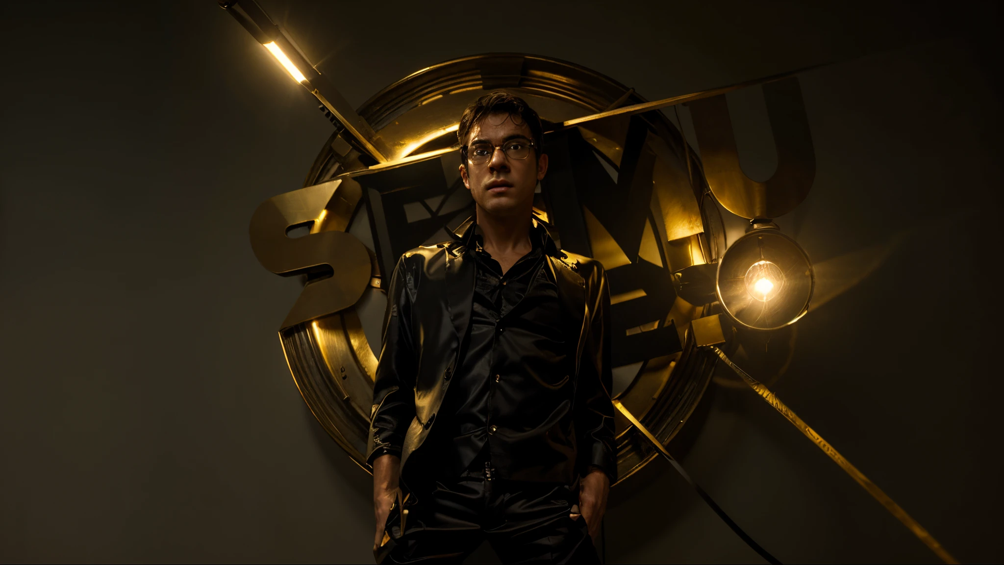Handsomeboy, with oily hair, gold-wire glasses, black suit, highly real, UHD, chiaroscuro, super detailed, 8k