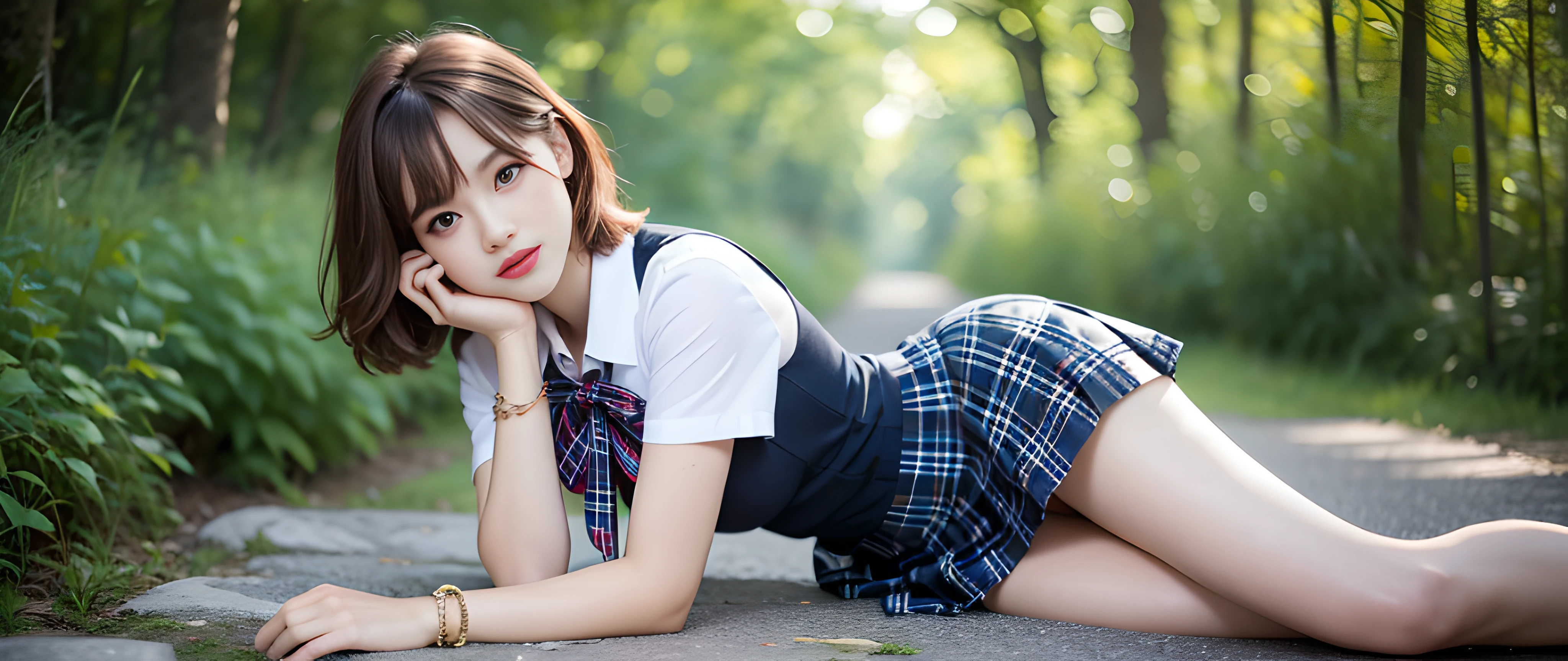 8K raw photo, Best quality, masterpiece, ultra high res, film grain, filmg, 1girl, looking at viewer, natural skin texture, realistic eye and face details, full lips, lipstick, (makeup), red eyeshadow, fluffy short hair, messy hair, smile, close mouth, beautiful legs, tall female, slim_legs, solo, ultra short skirt, shirt, beautiful nature location, around flower location, (detailed background), plaid skirt, white shirt, blurry background, blurry, plaid, short sleeves, jk ribbon on the neck, jk ribbon, brown hair, bracelet, water, bangs, school uniform, jewelry, parted lips, lips, from side, pleated skirt, depth of field