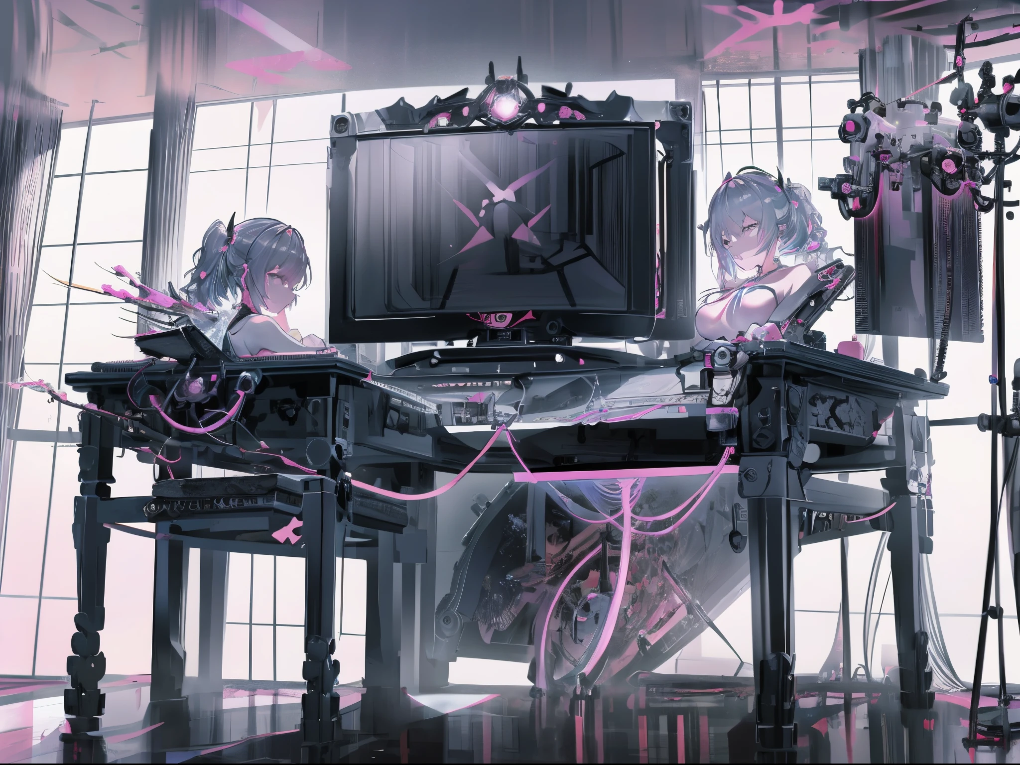 (masterpiece), (The best illustrations), relaxing girl, anime backgrounds, Game Bedroom, TV with large computer, Ring lighting, edge lit,(Extremely detailed CG unity 8k wallpaper),(masterpiece), (top-quality), (vaporwave style), (ultra - detailed), (The best illustrations), (The best shadow),perfect litthing, perfect anatomia, vibrant with colors,