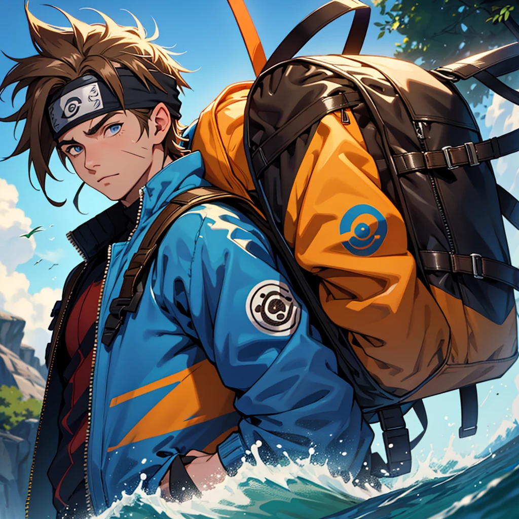 A European looking guy with messy straight brown hair, Handsomer, High quality picture, With Naruto headband With air symbol, wearing blue jacket, 4K quality, In the nature, both eyes clear, solo traveling, wearing tech backpack,