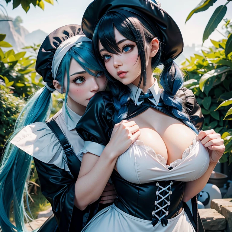 Adult woman, League of legends character Sona hugging a stuffed penguin, long blue hair, pigtails, maid hat, maid apron,  Big chest, Clivage, alluring look, blushing, somewhere in nature, outside,