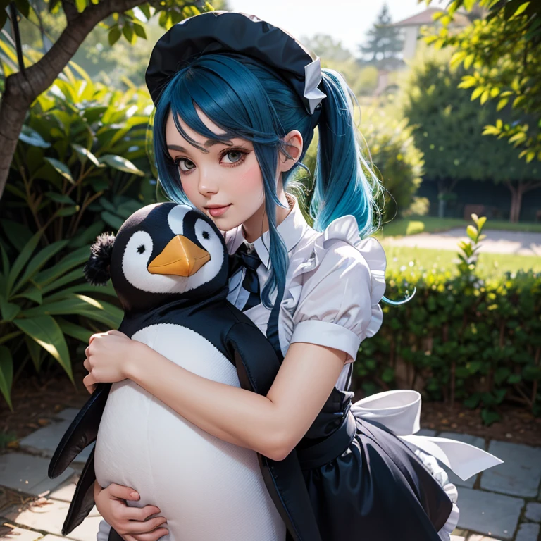 Adult woman, League of legends character Sona hugging a stuffed penguin, long blue hair, pigtails, maid hat, maid apron, Big chest, Clivage, alluring look, blushing, somewhere in nature, outside