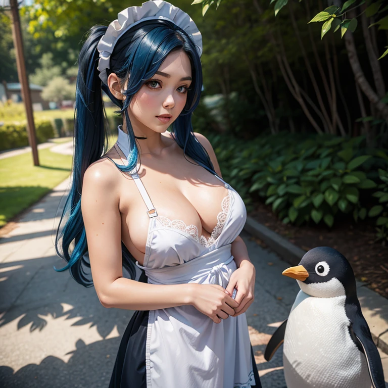 Adult woman, League of legends character Sona hugging a stuffed penguin, long blue hair, pigtails, maid hat, maid apron, Big chest, Clivage, alluring look, blushing, somewhere in nature, outside