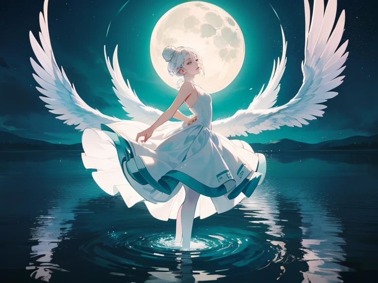 1 woman, extremely detailed face, ((woman with short white hair, teal eyes)), 25 years old, , woman wears white ballet dress, white wings, bun hairstyle, dancing ballet in the middle of a lake, reflection on water, moonlight, magical atmosphere, melancholic expression, closed eyes, elegant pose